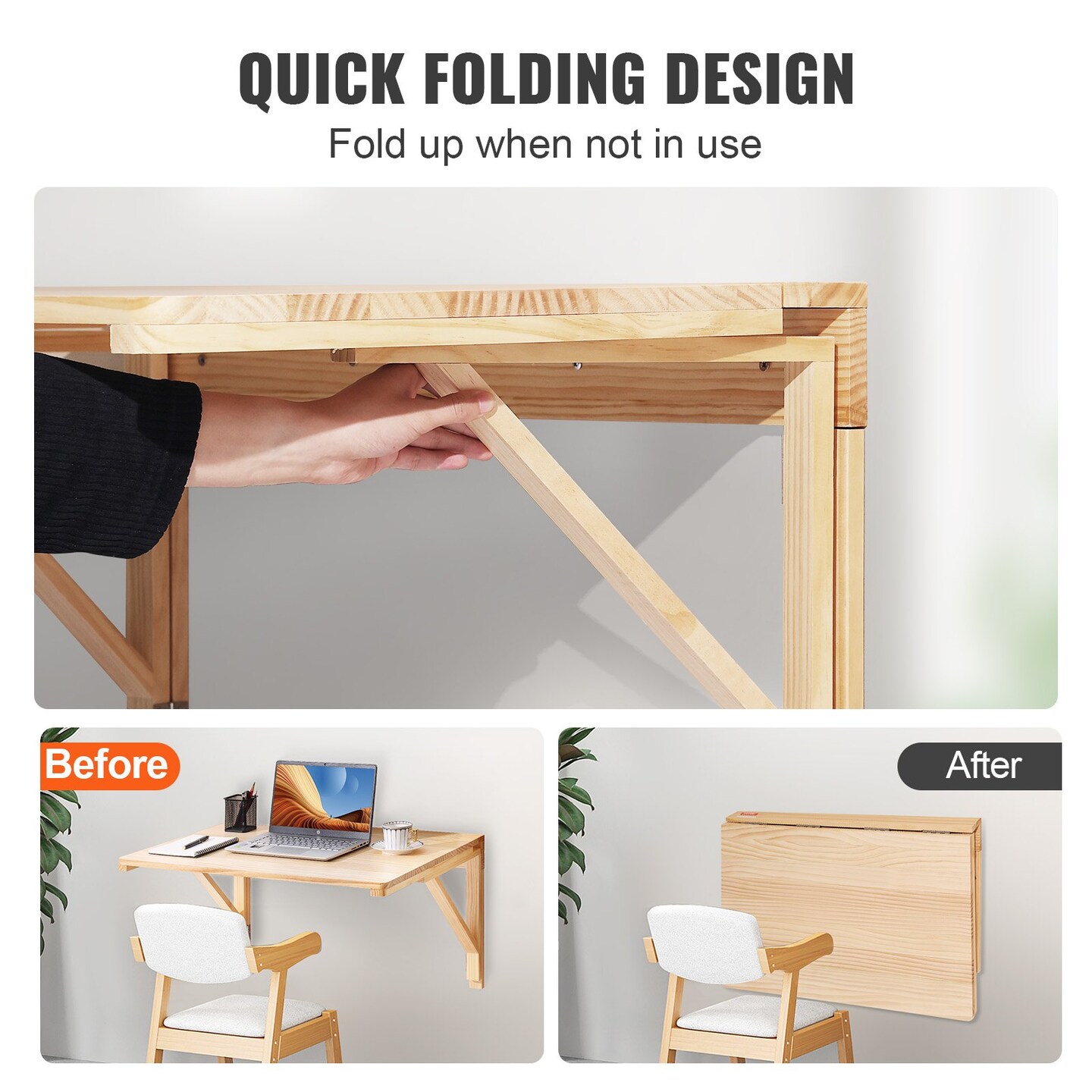 Wall-Mounted Folding Table, Drop-Leaf Solid Wood Floating Desk