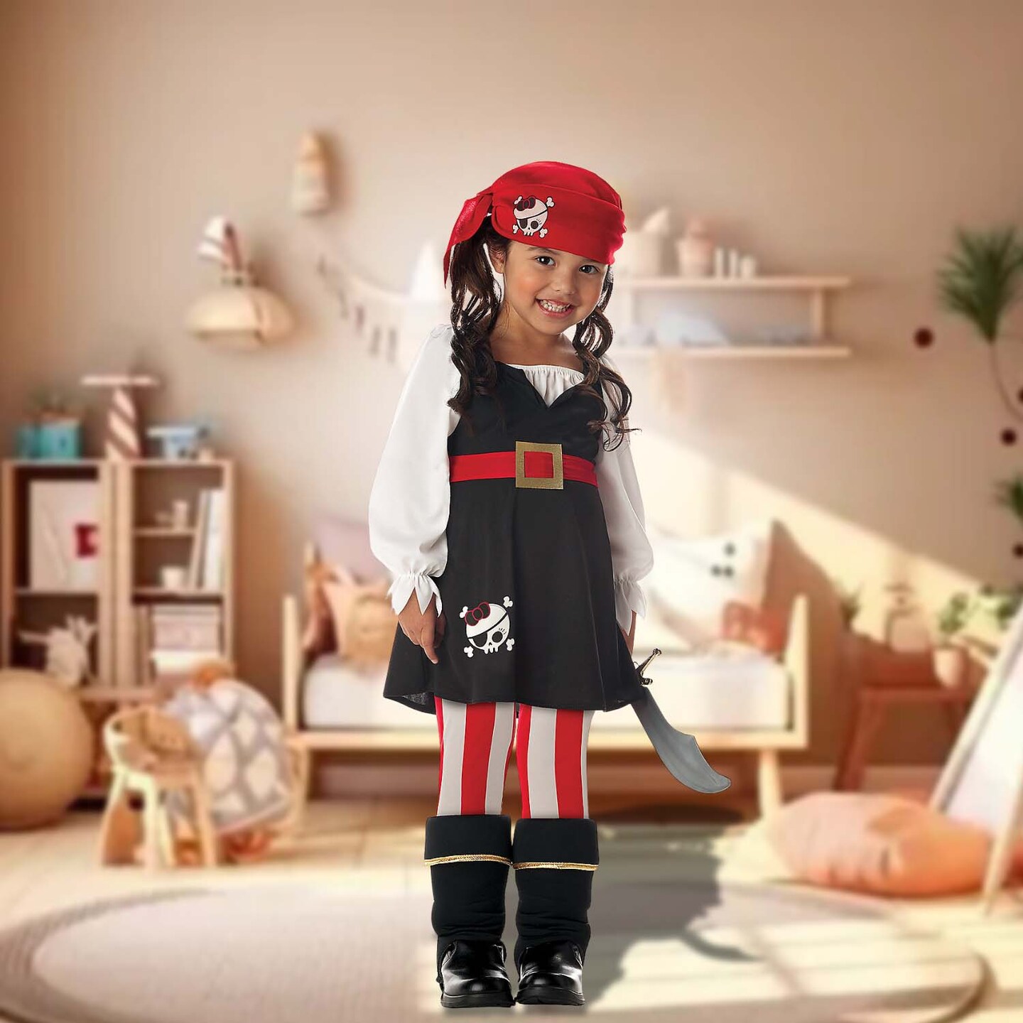 Precious Lil Pirate Costume with Dress Bandanna and Striped Leggings for Toddler