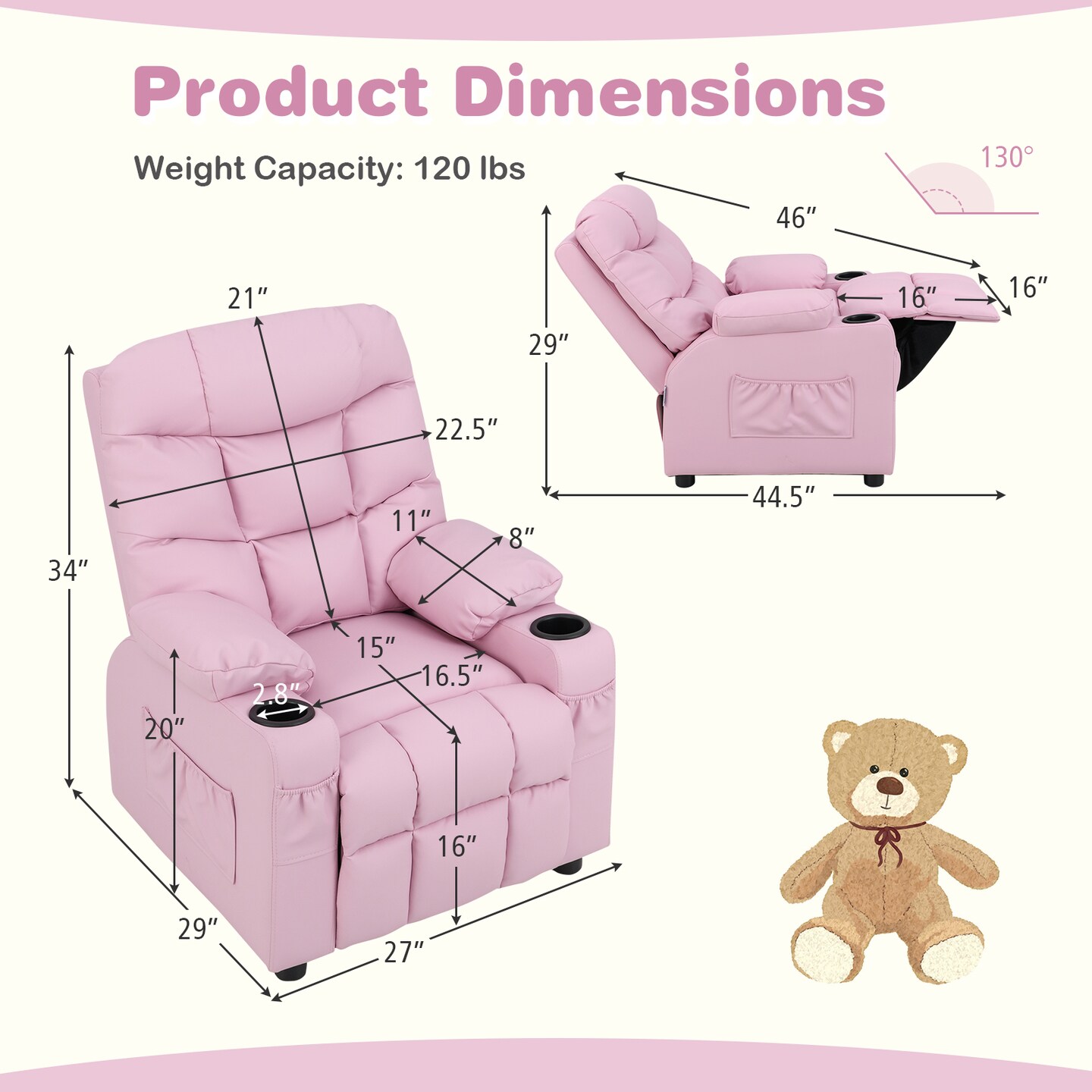 Light Pink PU Leather Kids Recliner Chair with Footrest and Storage