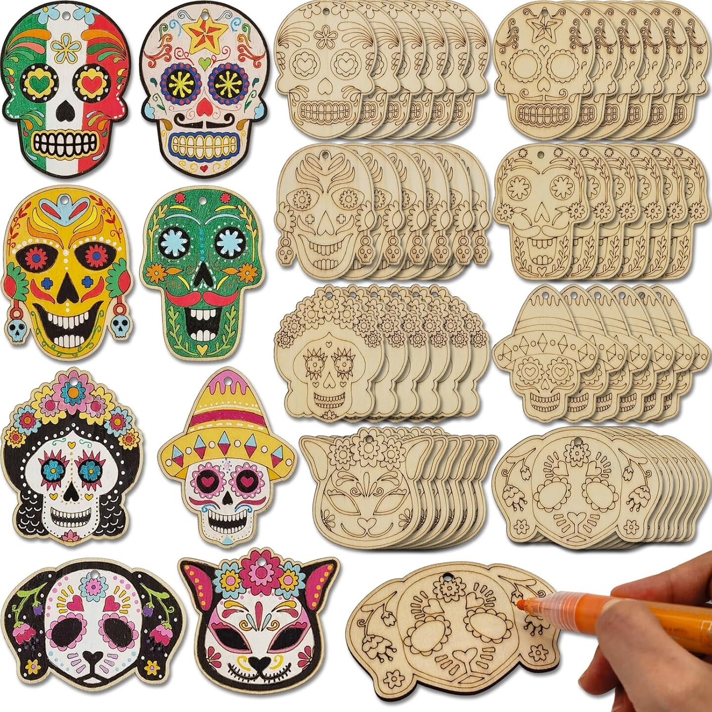 48 Sets Day of The Dead Skull Crafts Kits Unfinished Wooden Sugar Skull Ornaments Make Your Own Mexican Fiesta Festival Decor Halloween Blank DIY Painting Cutout Hanging Slices Tree Decorations