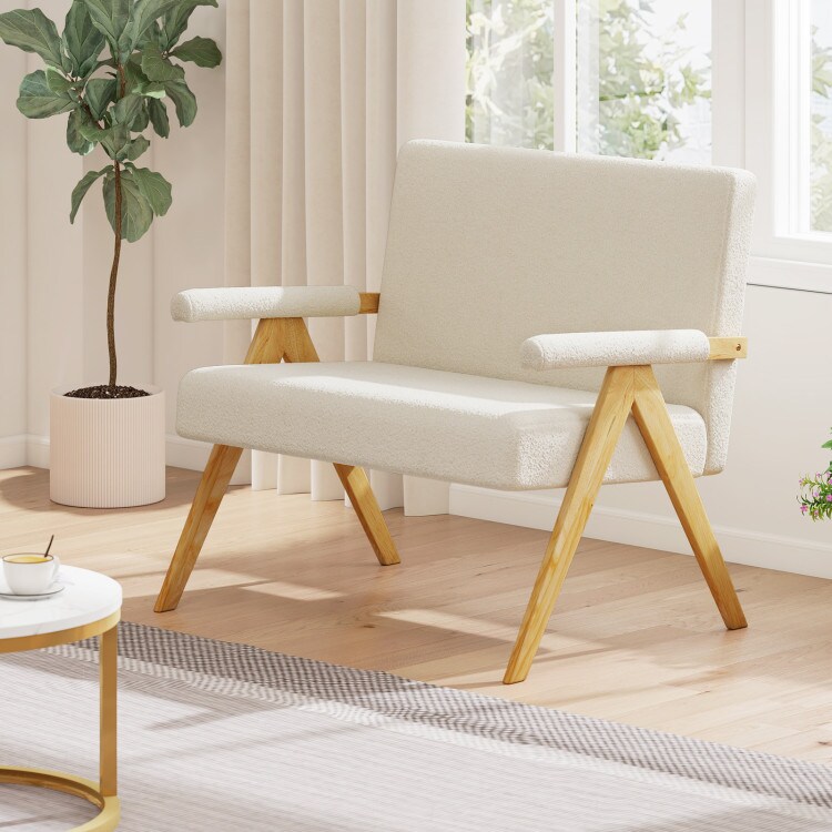 Plush Sherpa Loveseat Sofa with High-Density Cushion and Rubber Wood Legs for Home Decor