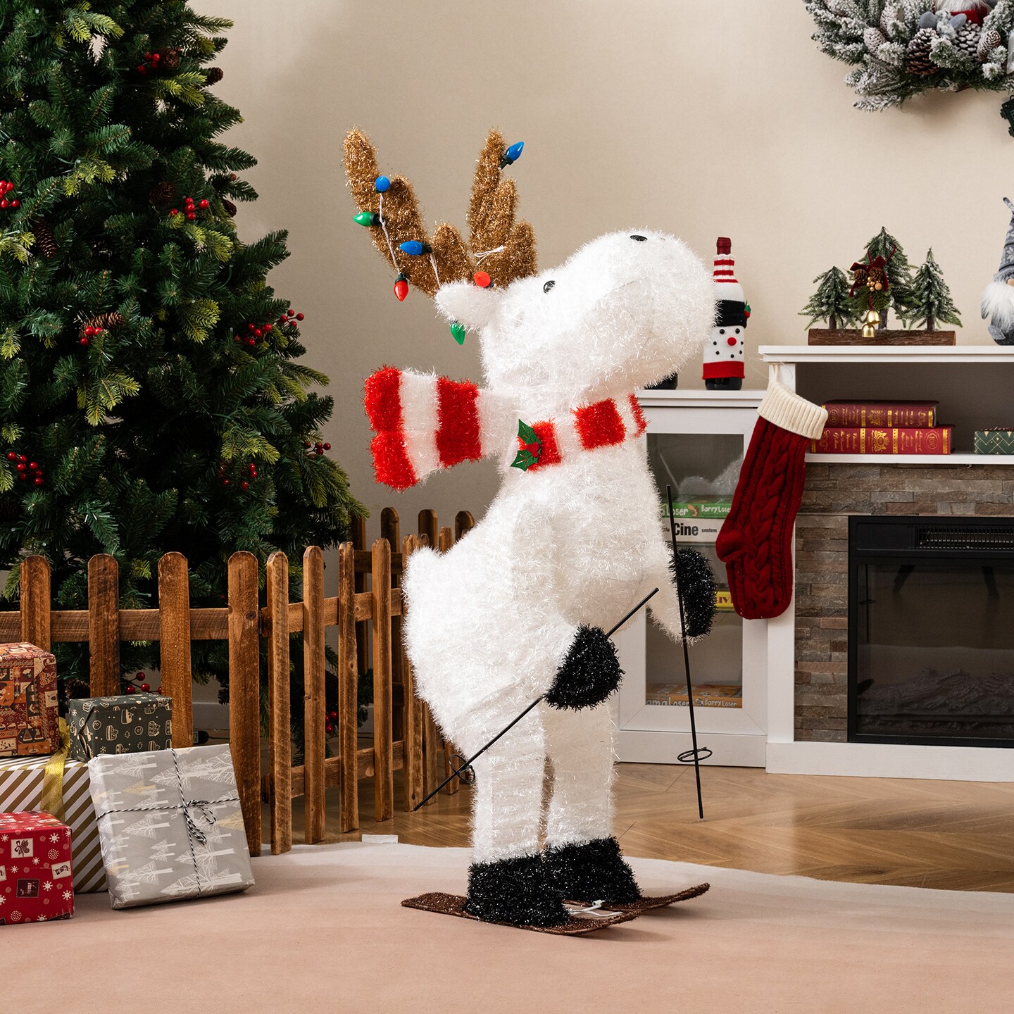 White LED Fabric and Metal Animated Reindeer with Skiing Arms