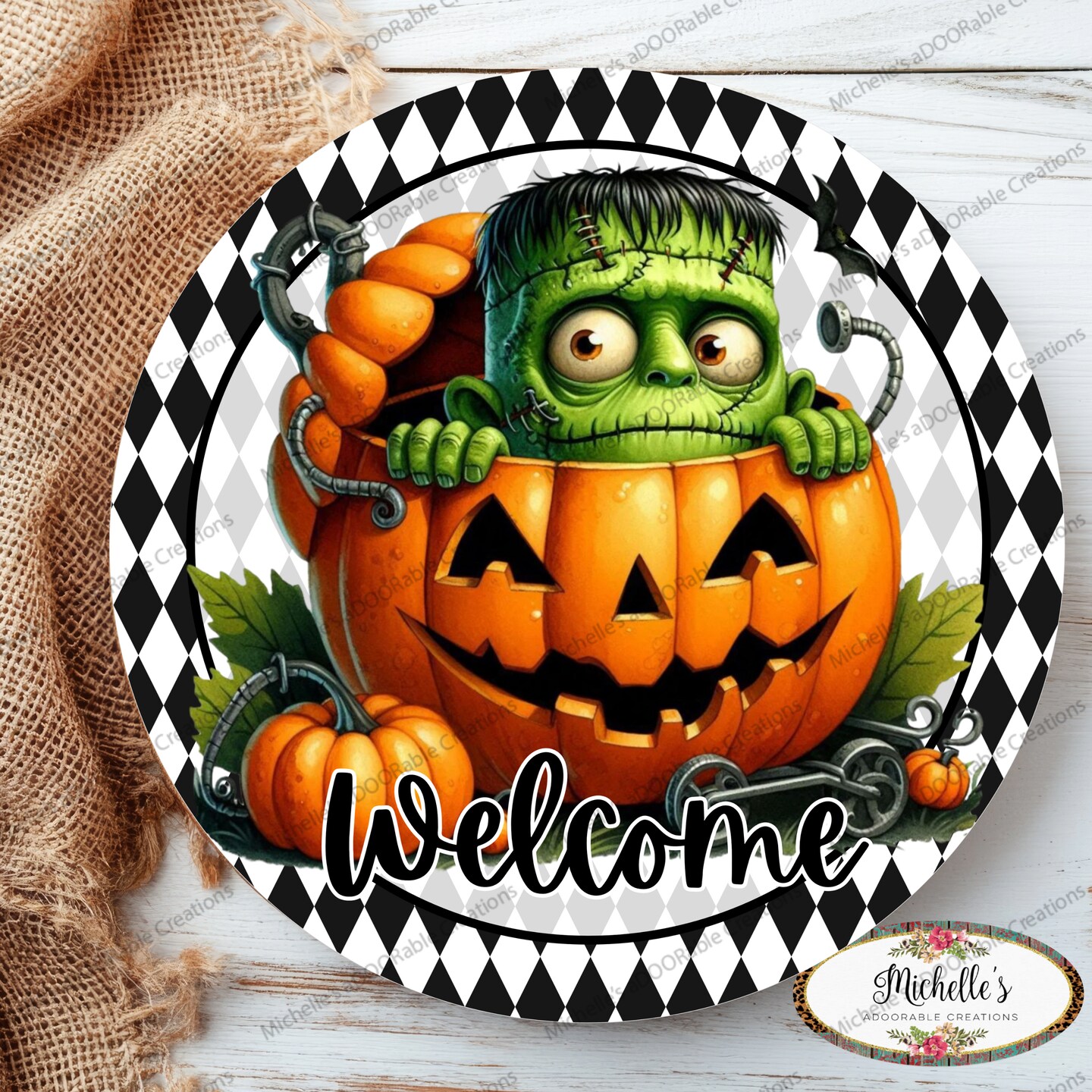Welcome Halloween Frankenstein Pumpkin Sign