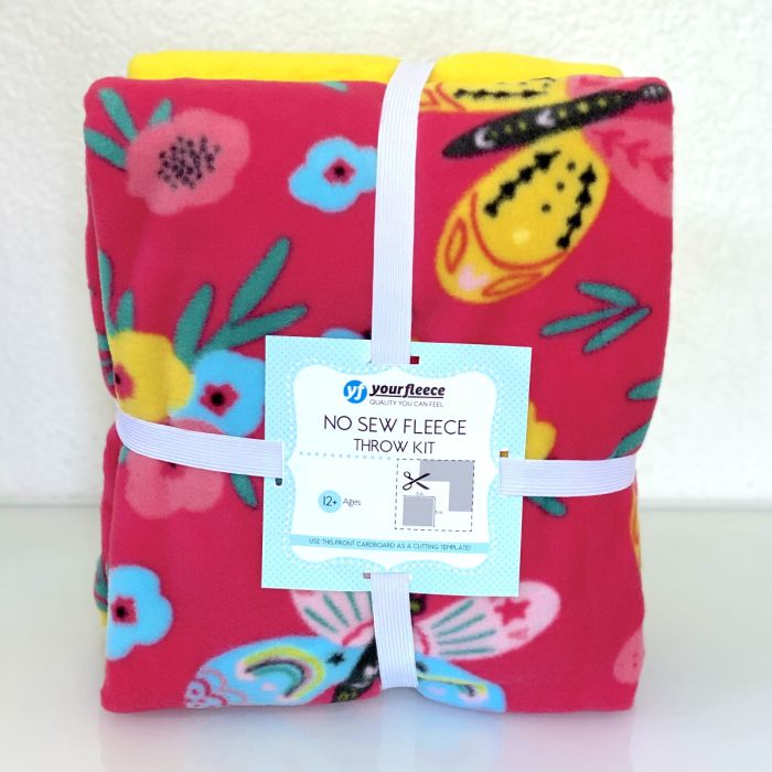 Butterfly and Flowers Pink Anti-Pill No Sew Throw Fleece Fabric Kit