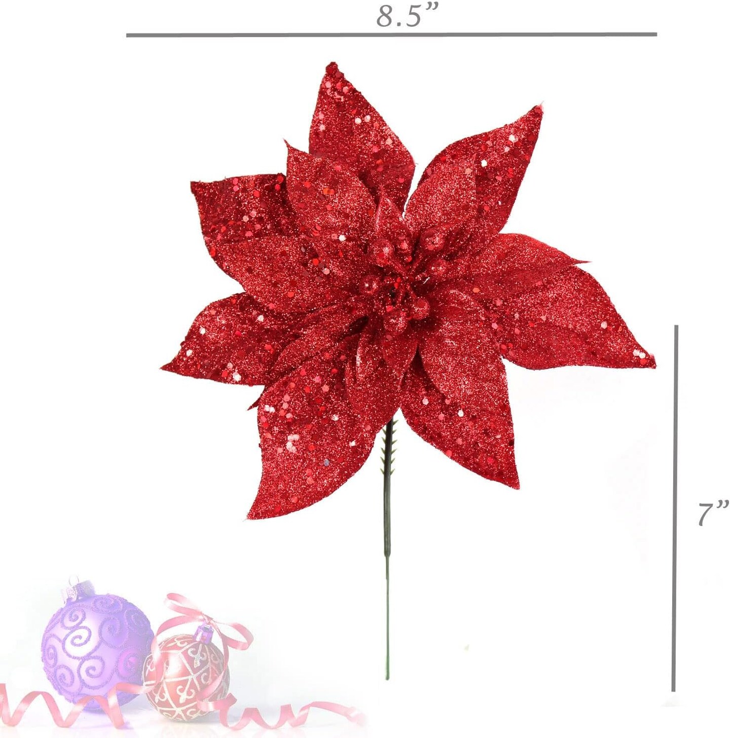 12-Pack: Red Glitter Poinsettia Picks, 8.5&#x22; Wide, Festive Holiday Accents, Christmas Picks, for Trees, Wreaths, &#x26; Garlands, Home &#x26; Office Decor, Floral Home by Artificial Flowers