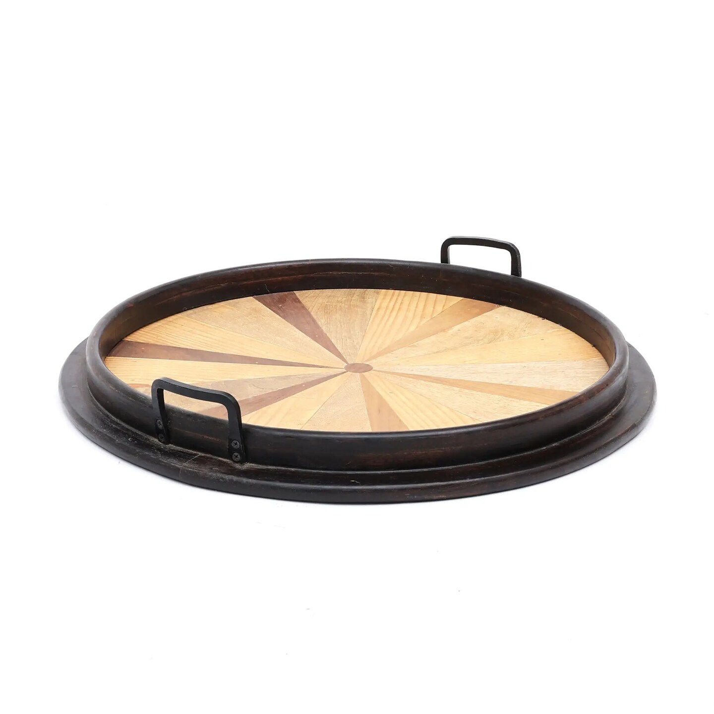 Round Wooden Serving Tray with Sunburst Inlay &#x2013; 23.5&#x22; Decorative Tray with Black Rim &#x26; Handles