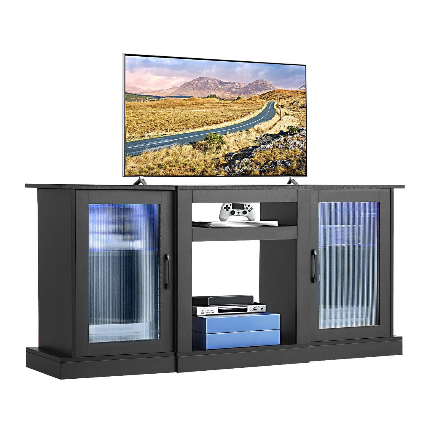 65 Inch TV Stand with Light Strip, Glass Doors & Adjustable Shelves