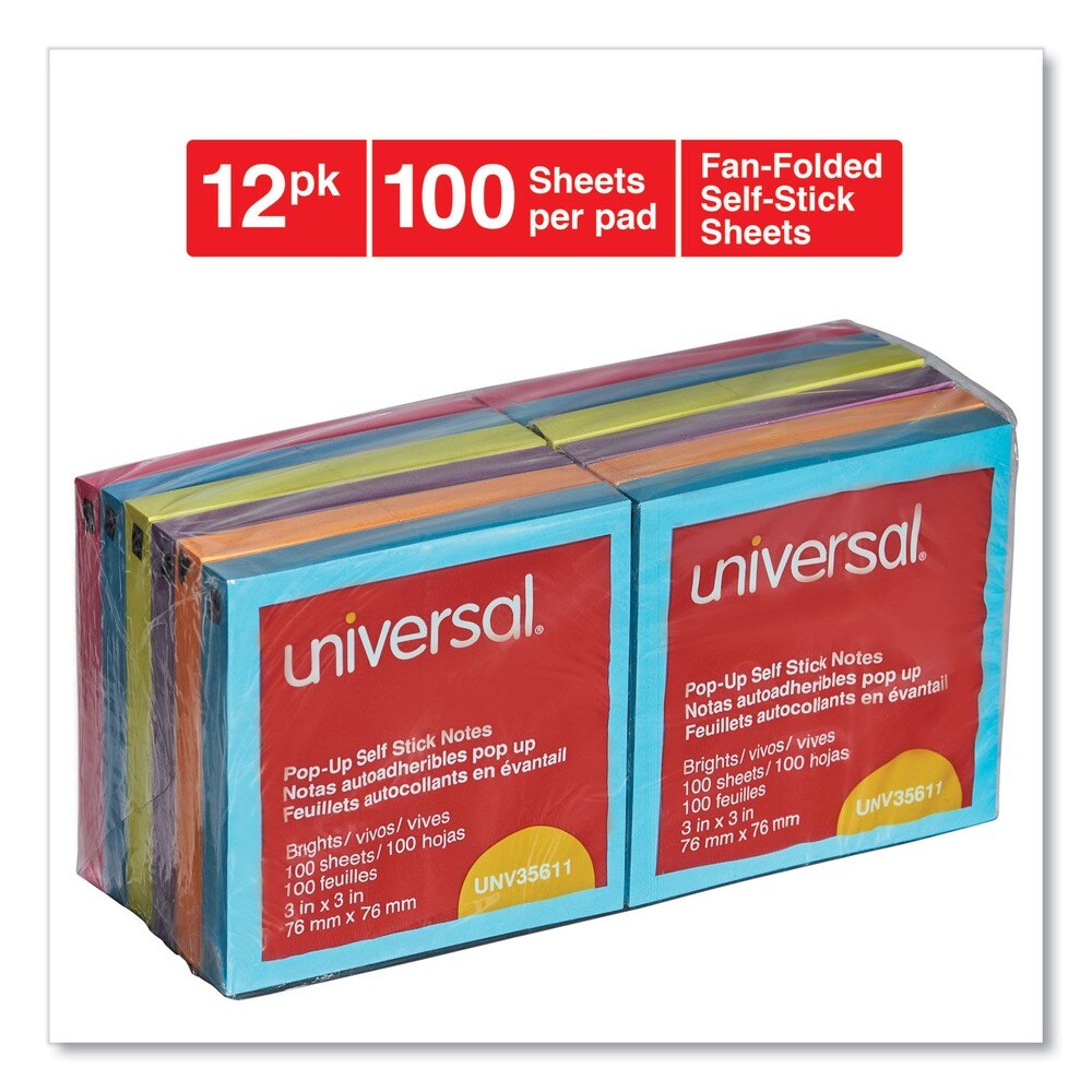 Universal 100 Sheet 3 in. x 3 in. Fan-Folded Self-Stick Pop-Up Note Pads - Assorted Bright Colors (12/Pack)