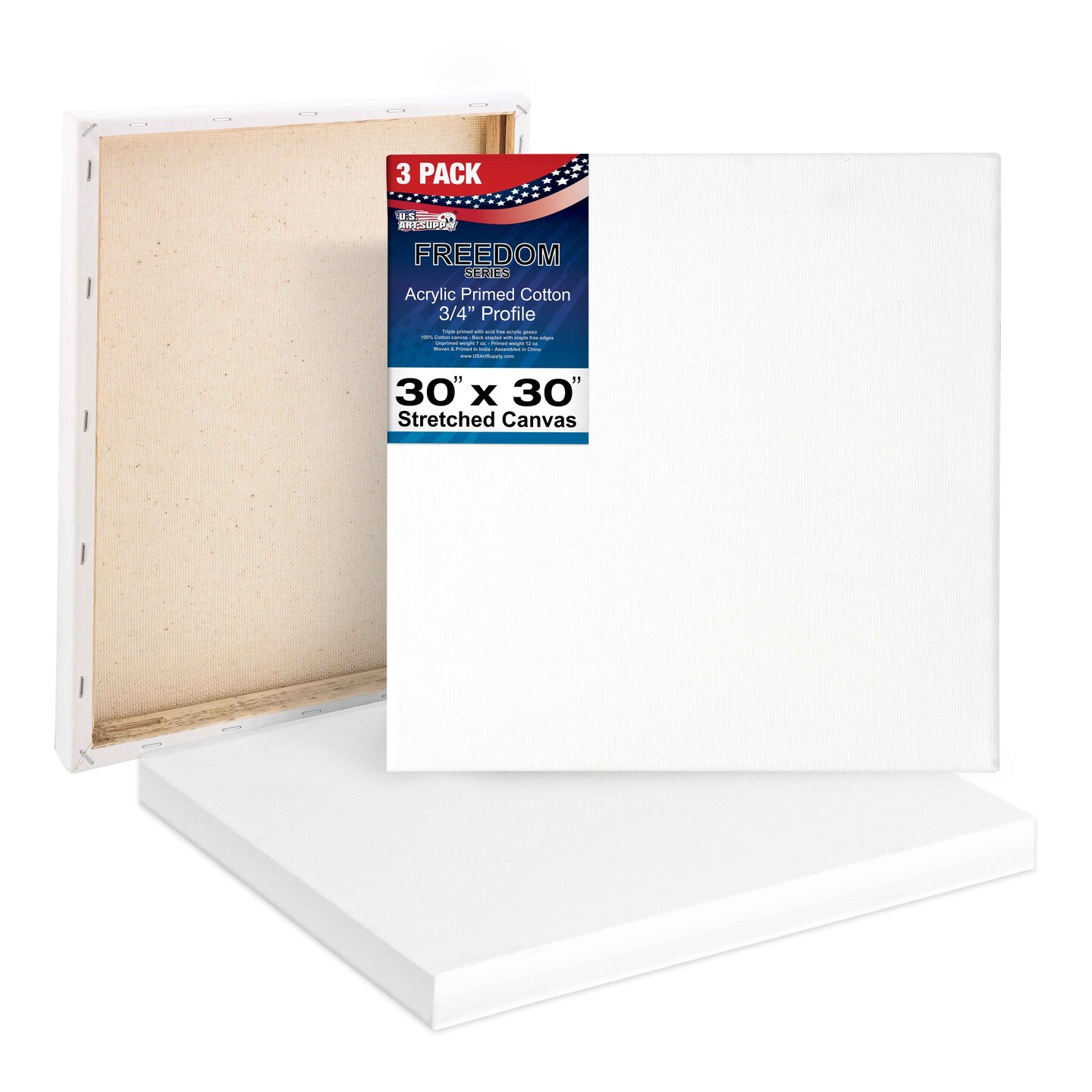30 x 30 inch Stretched Canvas 12-Ounce Triple Primed, 3-Pack - Professional Artist Quality White Blank 3/4&#x22; Profile, 100% Cotton, Heavy-Weight Gesso