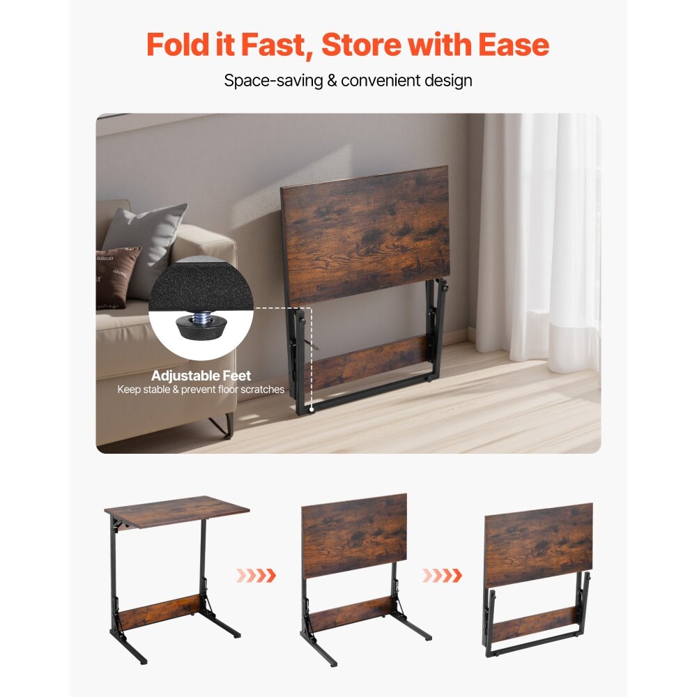 Brown Metal Frame C-Shaped Sofa Side Table Foldable with Adjustable Feet