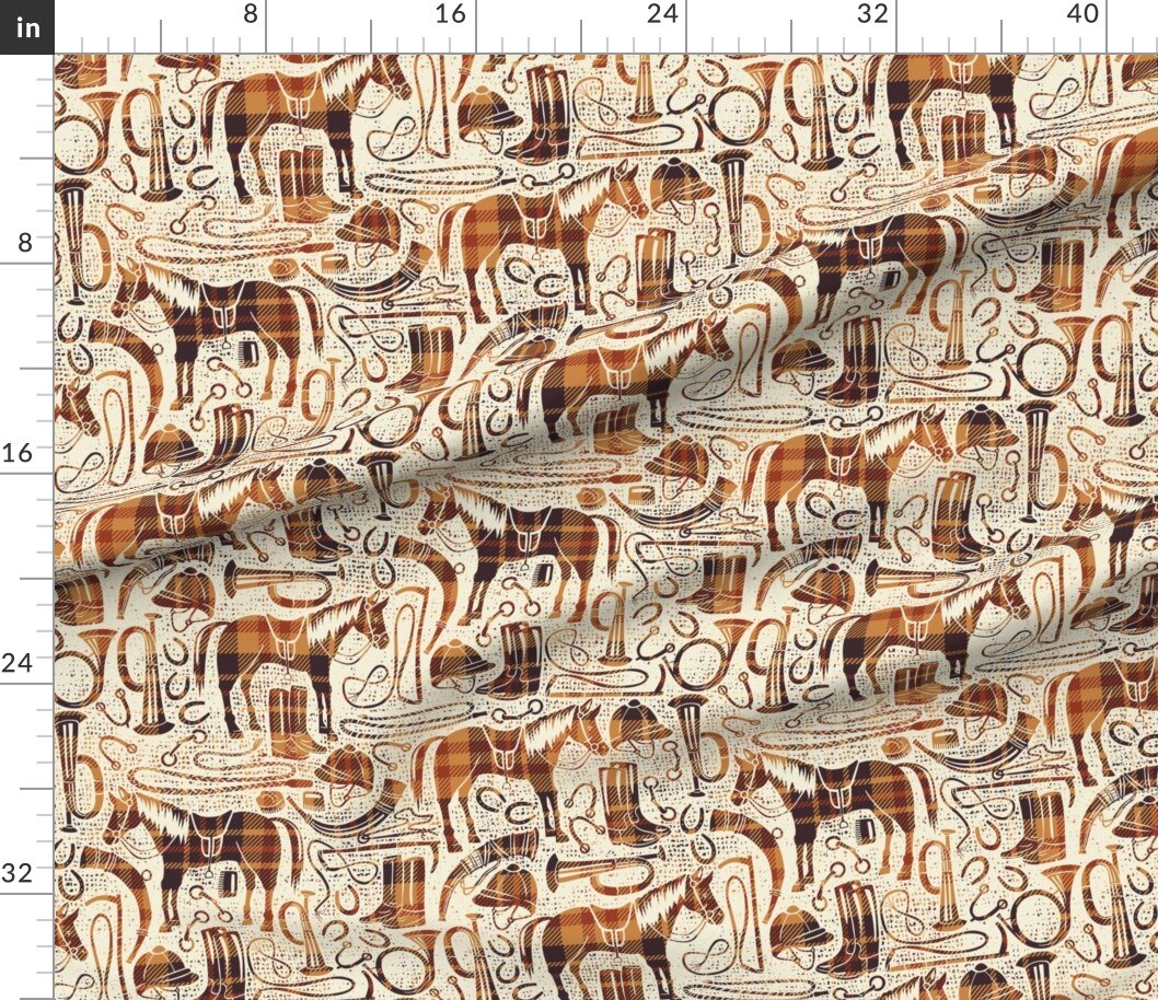 Autumn Tartan Horses Equestrian Riding Boots Horse Shoes Hunting Horn Tack Room Helmet Riding Crop Stirrups Snaffle Bit Horse Bit Saddle Custom Printed Fabric by Spoonflower Various Fabrics by the Yard or Fat Quarter
