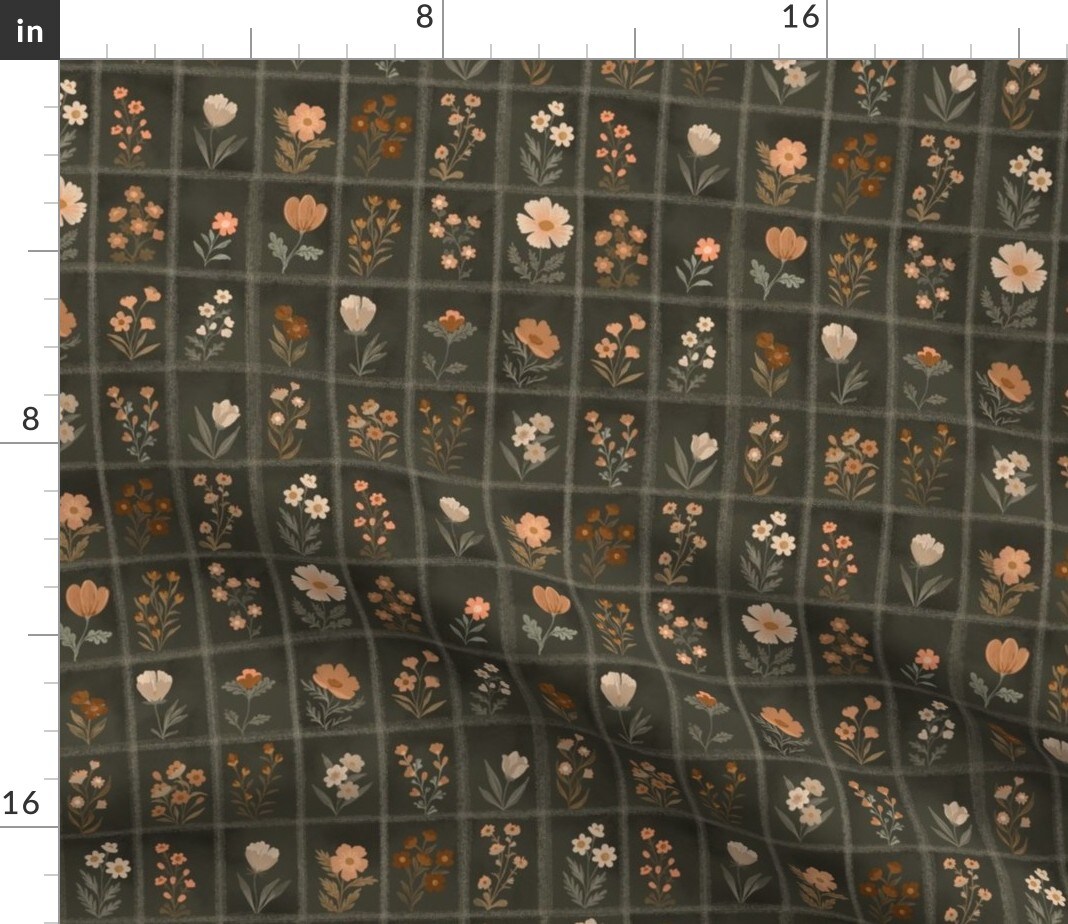 Cottagecore Gothic Moody Floral Bohemian Botanical Meadow Garden Grid Cottage Moody Whimsigoth Witchy Dark Floral Small Scale Dollhouse Floral Custom Printed Fabric by Spoonflower Various Fabrics by the Yard or Fat Quarter