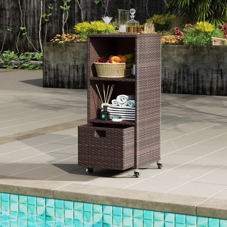 Outdoor Rattan Storage Cabinet with Wheels Mix Brown Wicker Patio Organizer with Drawer