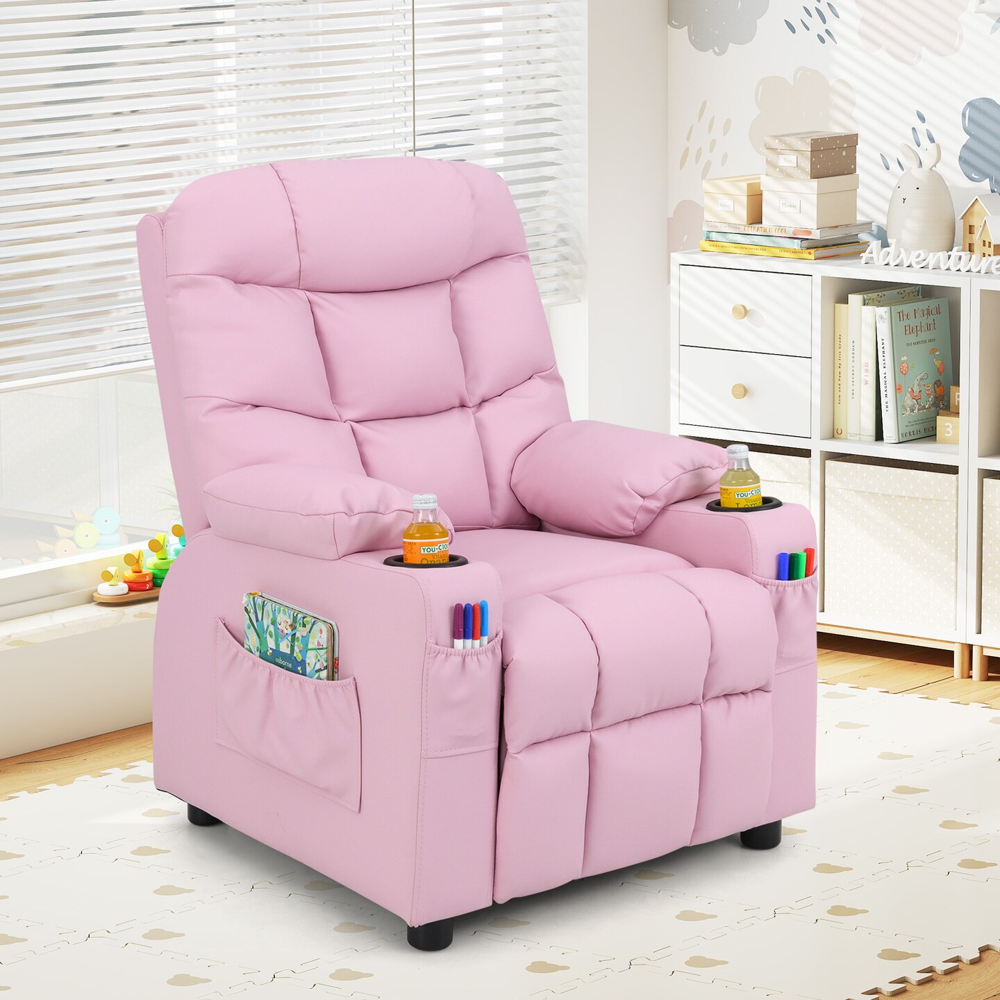 Light Pink PU Leather Kids Recliner Chair with Footrest and Storage