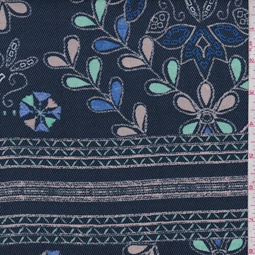 Navy/Beige/Mint Floral Stitch Crepe Georgette Fabric By the Yard
