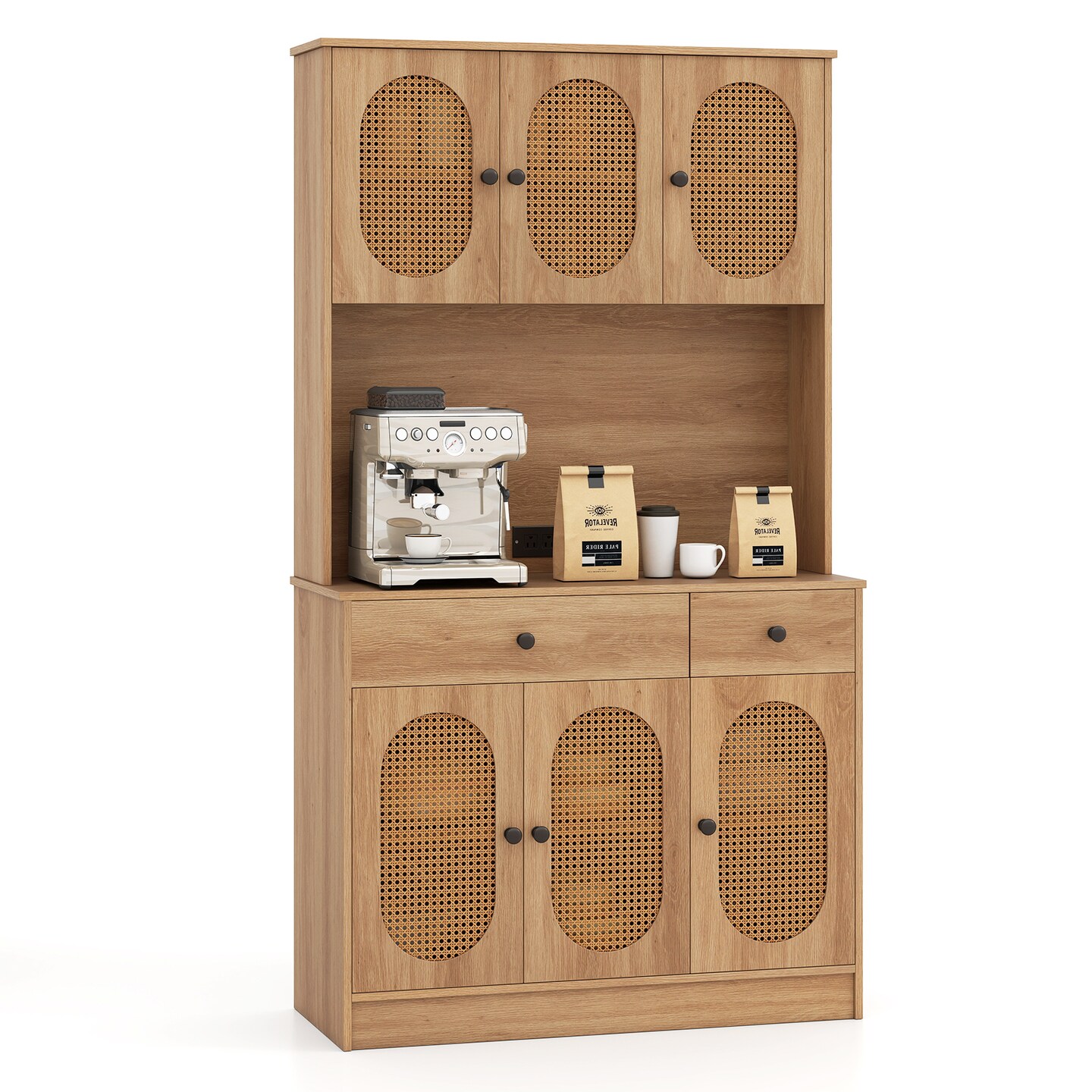 71&#x22; Tall Natural Wooden Kitchen Storage Cabinet with Drawers and Adjustable Shelves and Rattan Doors