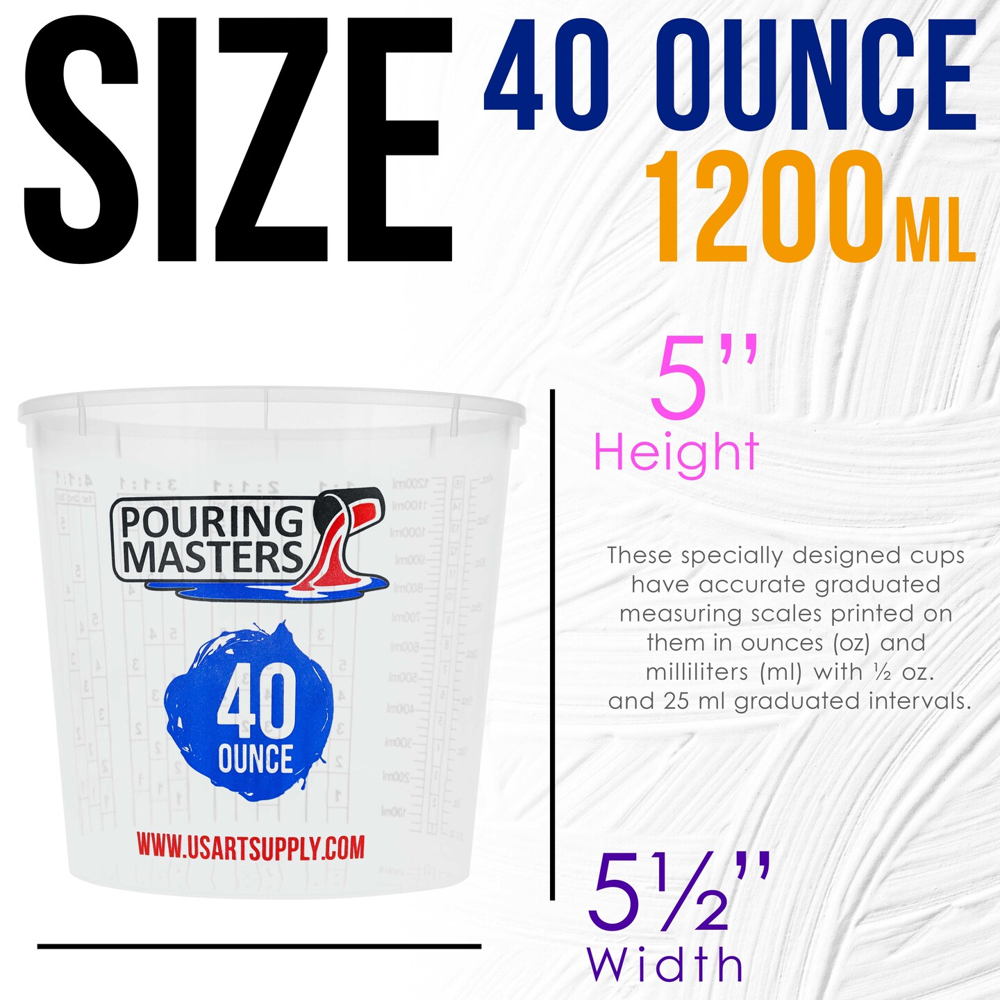 40 Ounce (1200ml) Graduated Plastic Mixing Cups (Box of 24) - Paint Mixing Cups for Epoxy Resin, Art, Kitchen, Baking - Measurements in OZ and ML, 4 Different Measuring Ratios 1:1