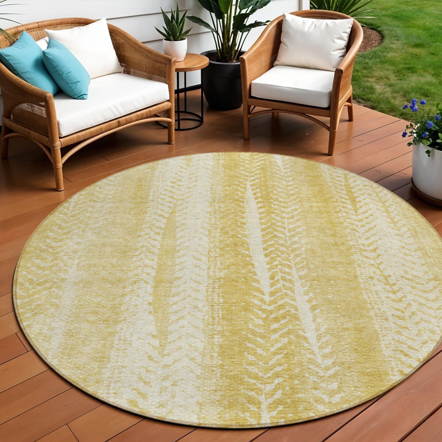 Edge Collections - 8' - Yellow - Botanical Leaves Washable Round Area Rug for Indoor and Outdoor Use - 1 Piece