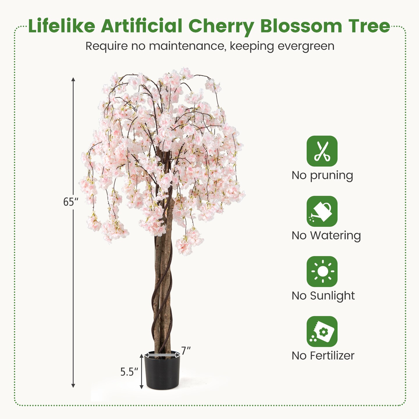 White Polyester Cherry Blossom Tree 65 inches with Solid Wood Pot