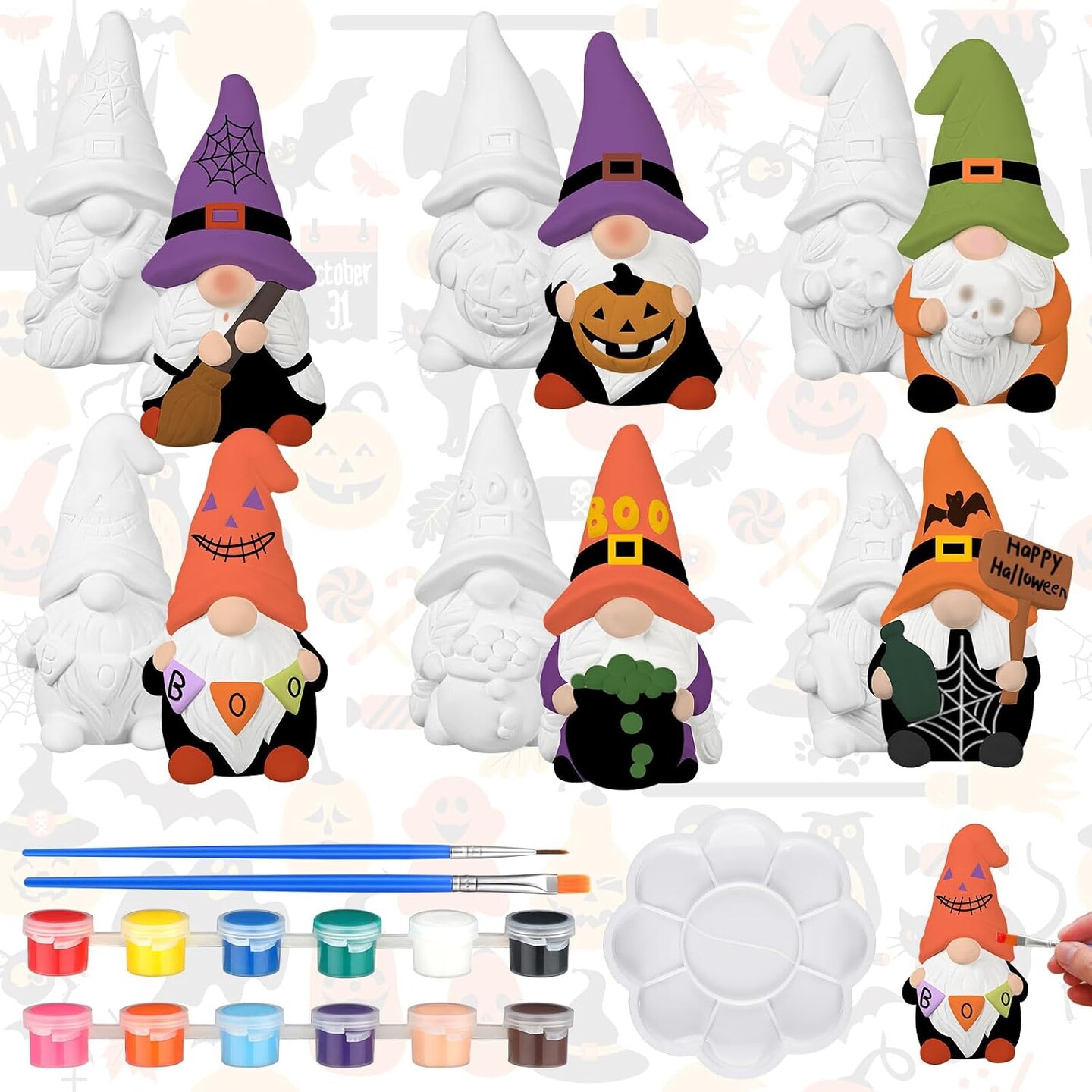 6 Sets Halloween Paint Your Own Ceramic Gnome Statues Kit, DIY