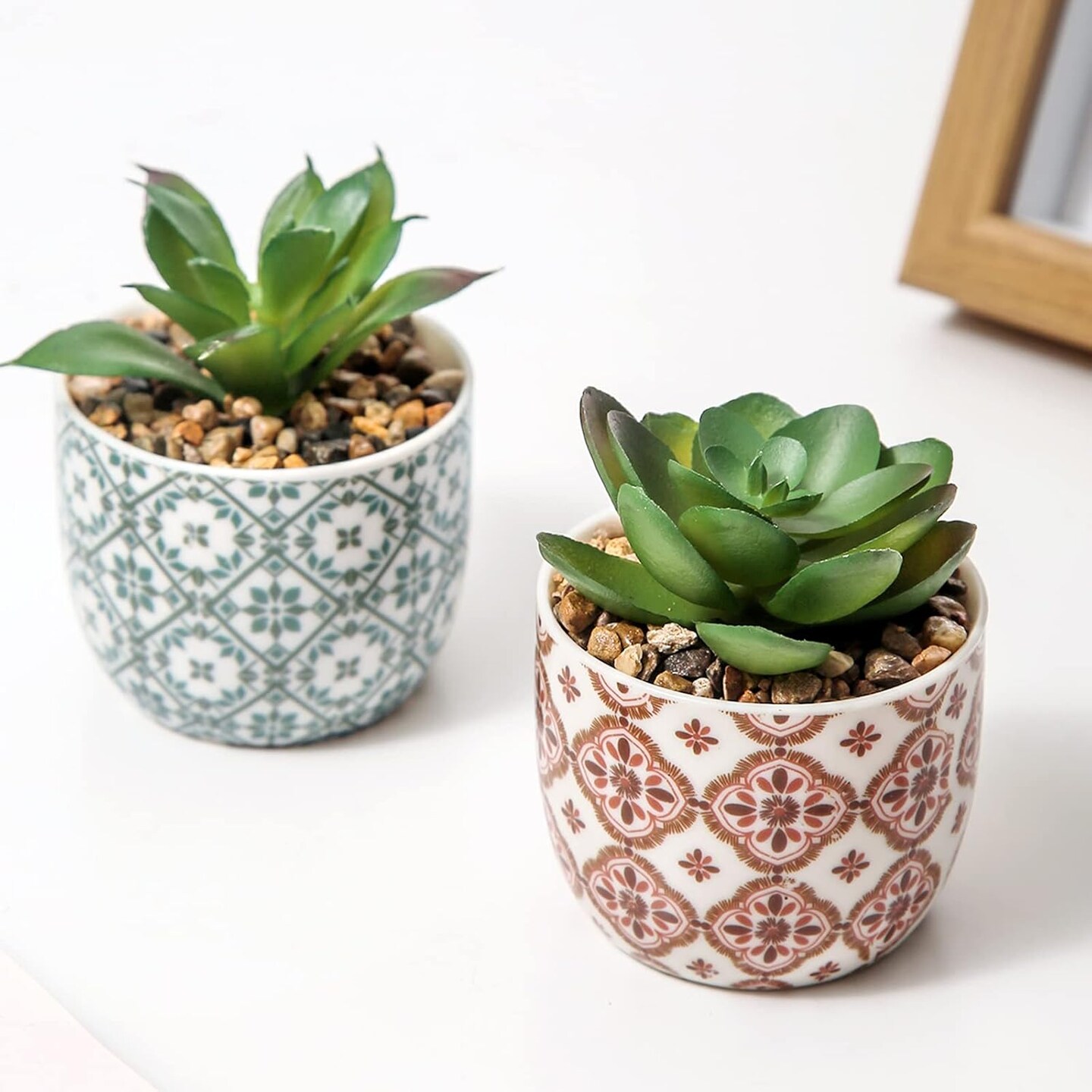 Set of 2 Artificial Succulent Plants in Ceramic Pots – Small Realistic Fake Potted Plants for Home, Office Desk, Bedroom, Living Room, Shelf & Farmhouse Decor