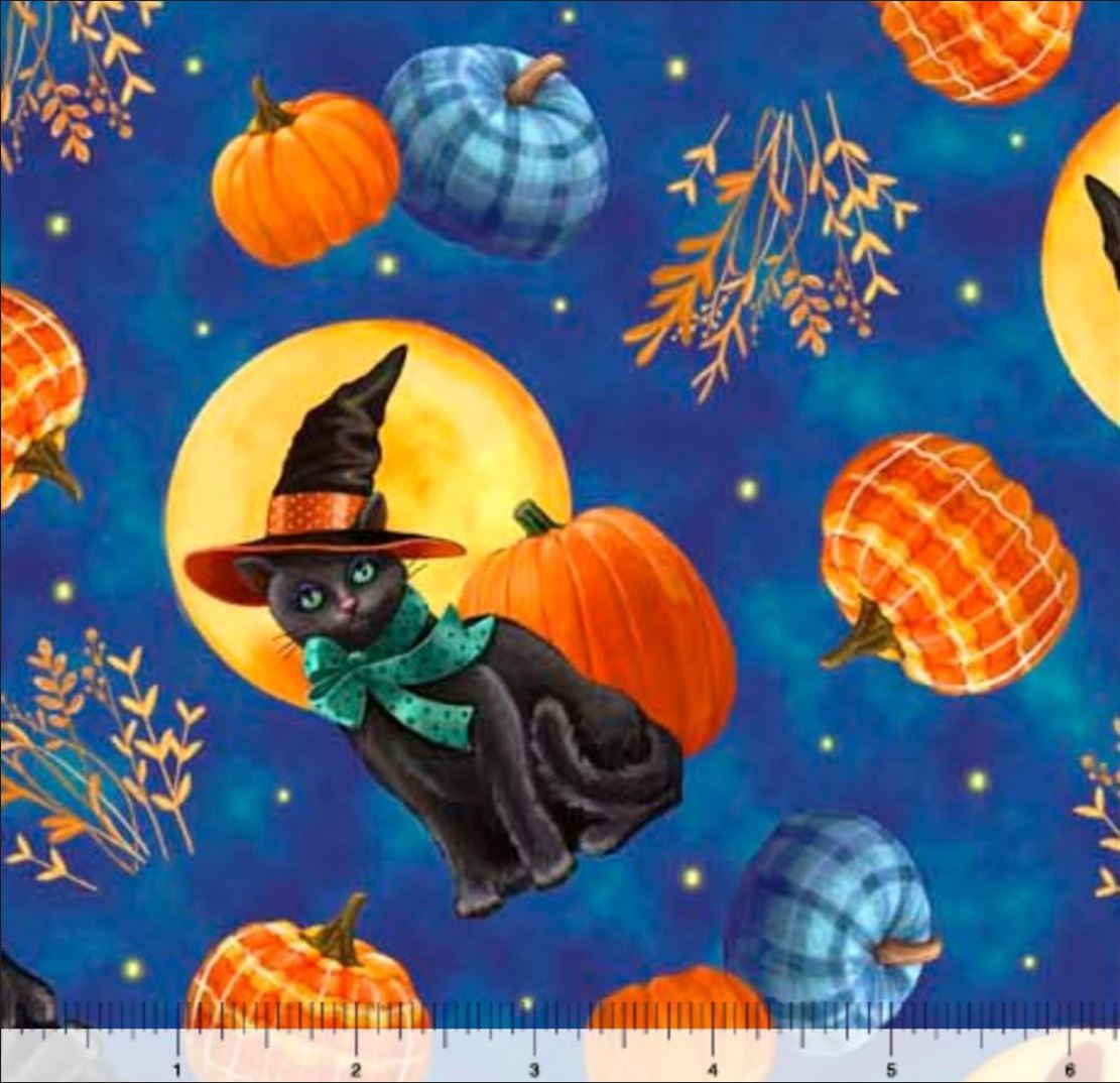 Quilting Treasures Halloween Black Cats on Blue 100% Cotton Price per Yard