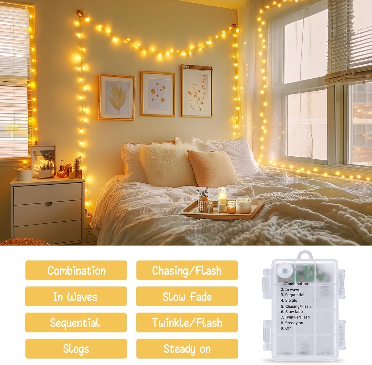 2 Pack Battery Operated Christmas String Lights – 66FT Total, 200 Warm White LEDs, Remote Control, 8 Lighting Modes, Timer & Memory Function, Indoor/Outdoor Twinkle Lights for Tree, Garland, Bedroom, Patio, Yard (Warm White)