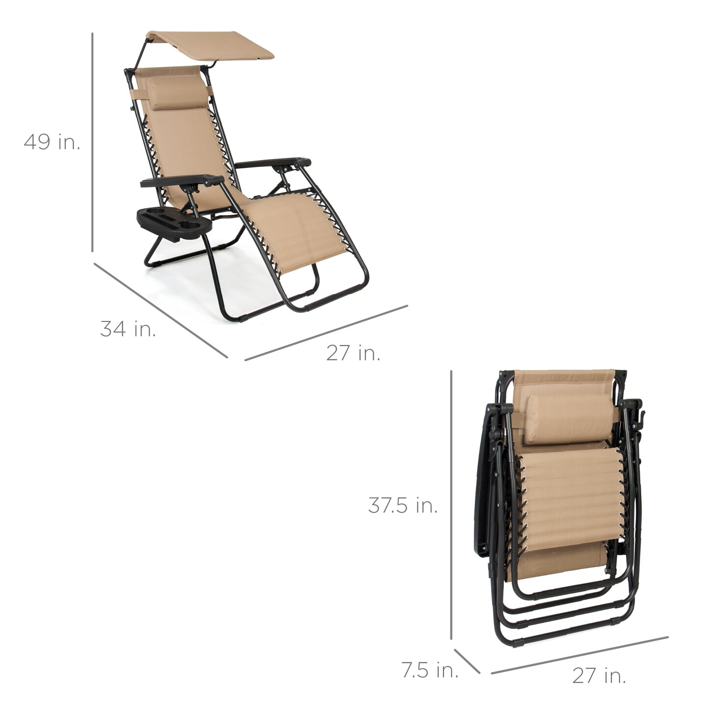 Best Choice Products Folding Zero Gravity Recliner Patio Lounge Chair w/ Canopy Shade, Headrest, Tray