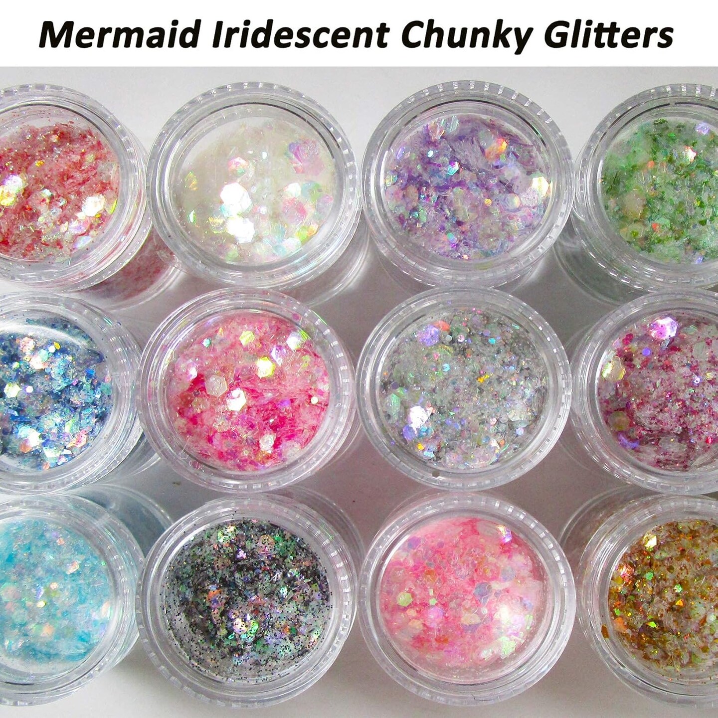 12-Color Iridescent Chunky Glitter Flakes Set – Opal Mylar Hexagon & Fine Powder Mix for Resin, Crafts, Makeup, Body & Nail Art | Sparkling Mermaid Glitter Set for Women & Girls (Opal Hexagon)