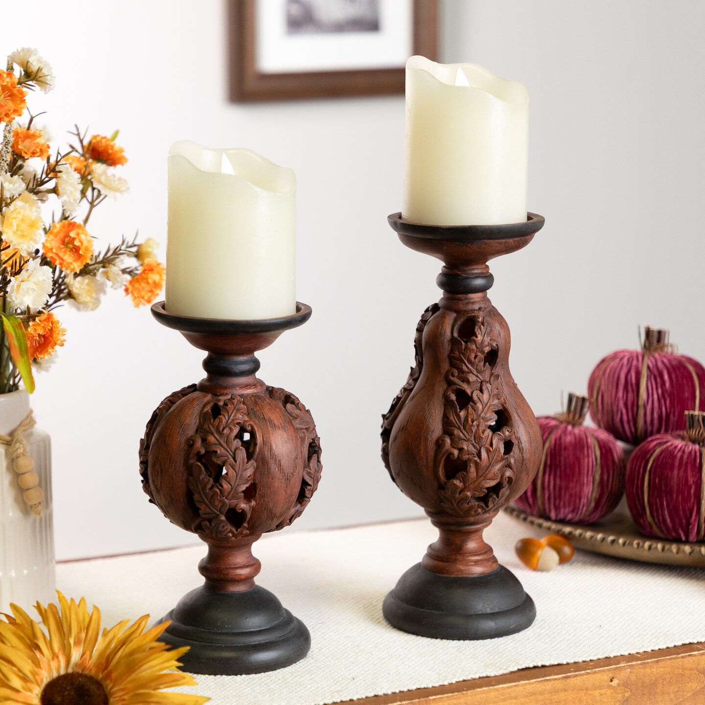 Melrose Carved Leaf Fall Harvest Pumpkin and Squash Pillar Candle Holders - 10&#x22; - Set of 2