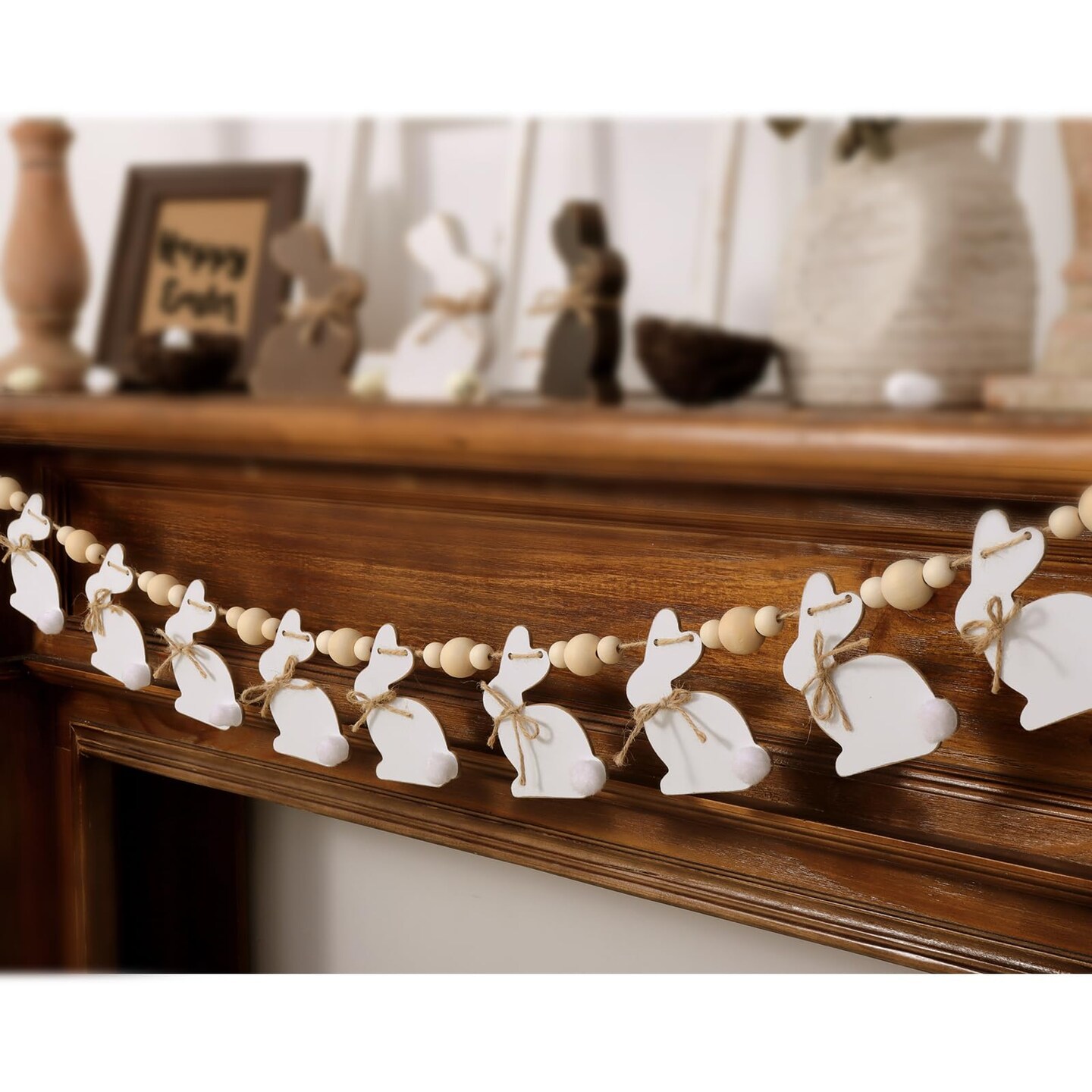 Bunny Chorus Easter Decorations Garlands, Cute Easter Bunny with Wooden Beads Garland, Rustic Easter Banner for Wall Home Indoor Outdoor Spring Decor Supplies