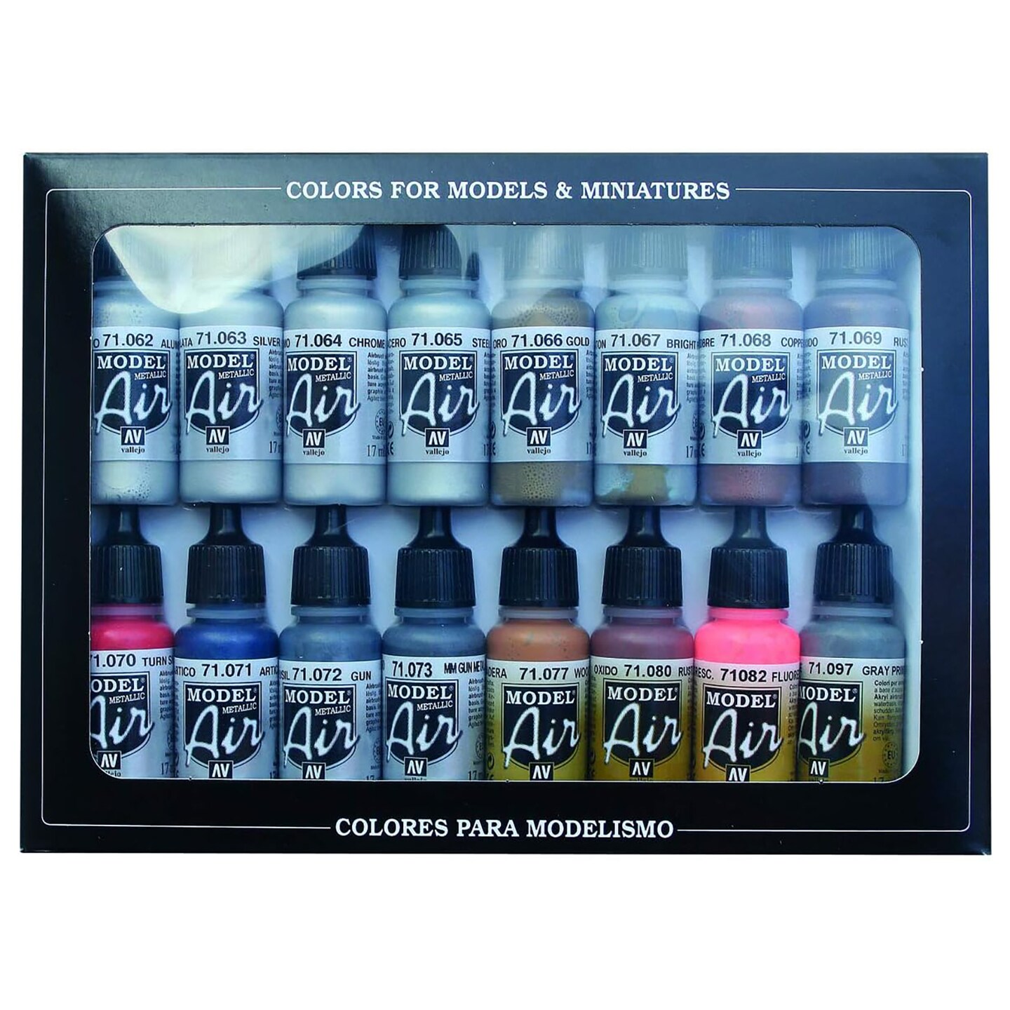 Vallejo Paints: Model Air Color Set - Metallic Effects - 16 Paint Colors - 18ml (.60oz) Bottles, Acrylics For Modeling &#x26; Miniatures, Opaque, Hobby