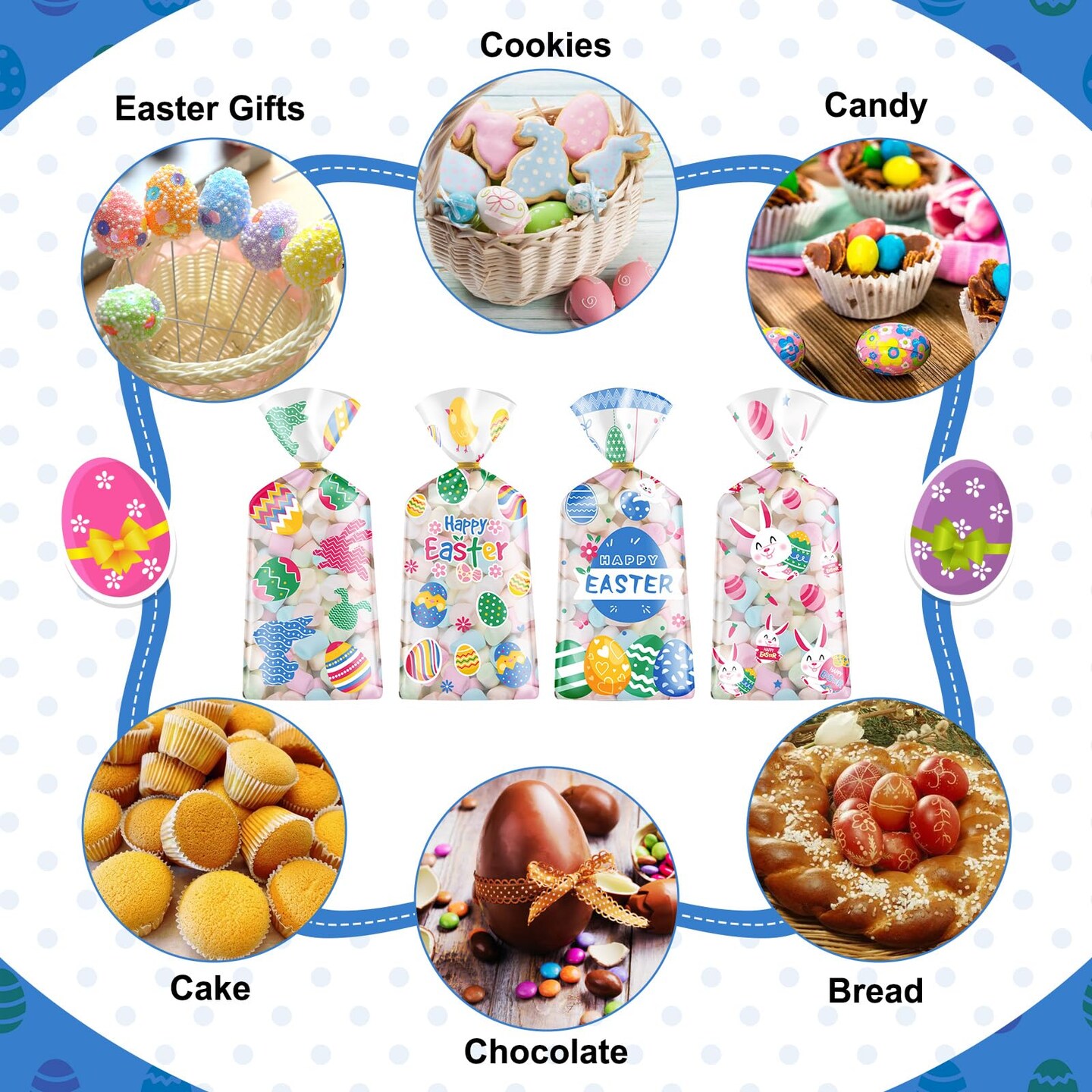 100 Pcs Easter Treat Bags - Happy Easter Gift Bags, Easter Eggs Plastic Cellophane Bag, Clear Colorful Easter Bunny Goodie Candy Favor Bags with Gold Twist Ties for Easter Party Favors Supplies