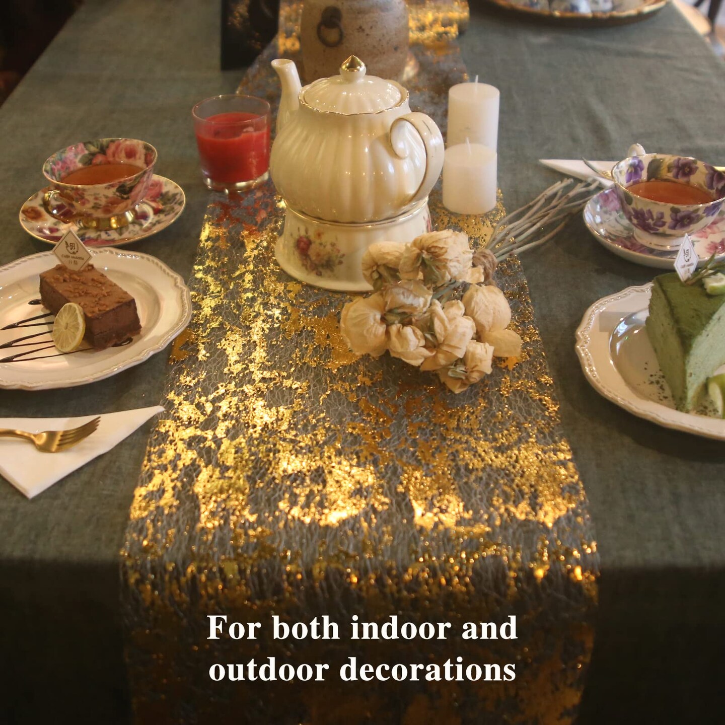 Ohanniewa Gold Table Runner 11 inch x 32 Feet Glitter Metallic Gold Foil Mesh Table Runner Roll Table Decorations for Wedding, Birthday, Banquet, Christmas