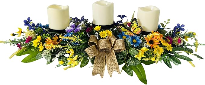 Candle Holders Spring Summer Centerpiece,3 Wick Candle Holder with Daisy and Sunflowers, Perfect for Spring Decor,Easter Centerpiece Table Decor,Indoor Home Decor,Desktop Decor