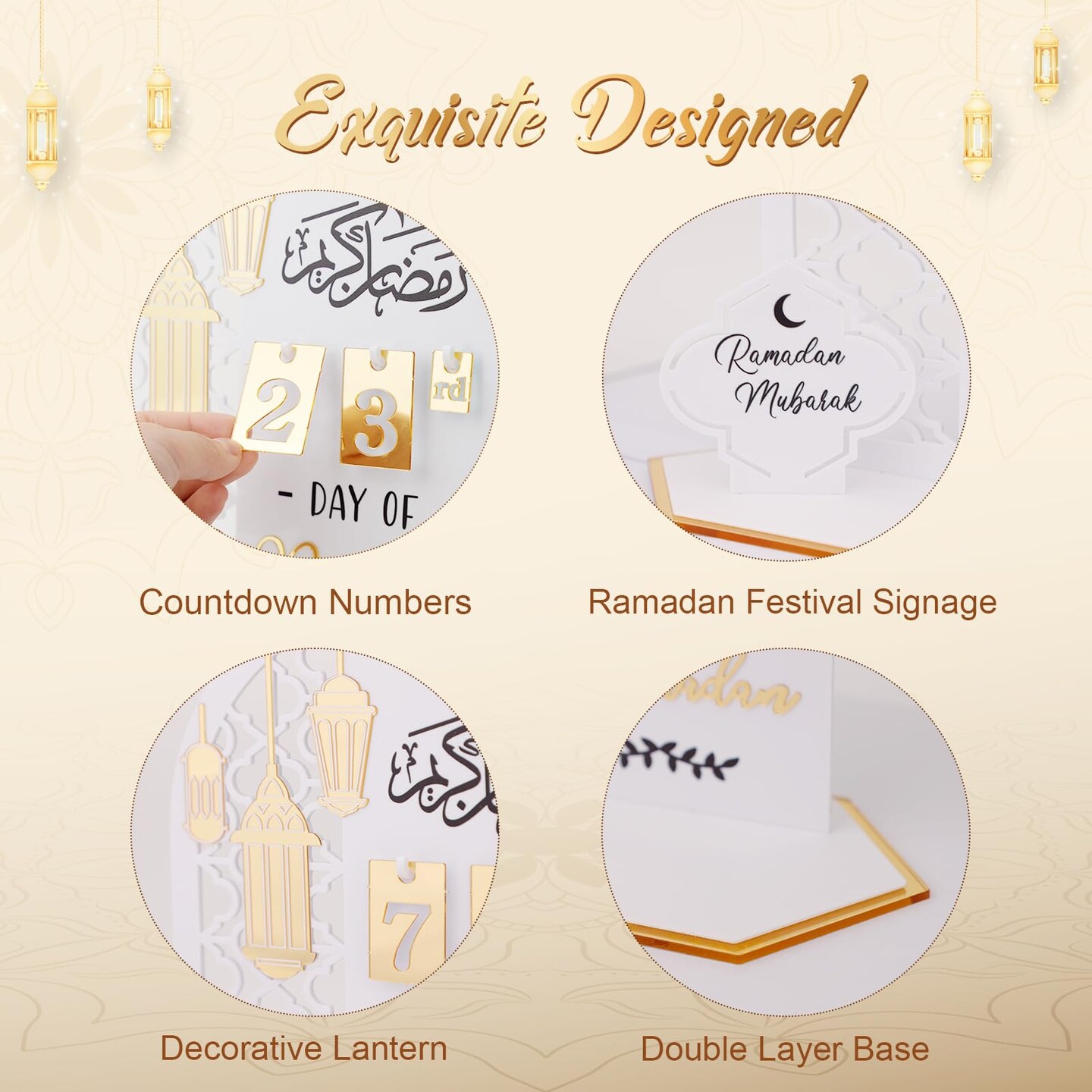Ramadan Advent Countdown Calendar Acrylic: Ramadan Decorations for Home Eid Mubarak Table Decor, 30 Days Countdown Calendar 2025 Ramadan Gifts for Family (White &#xFF06;Gold)