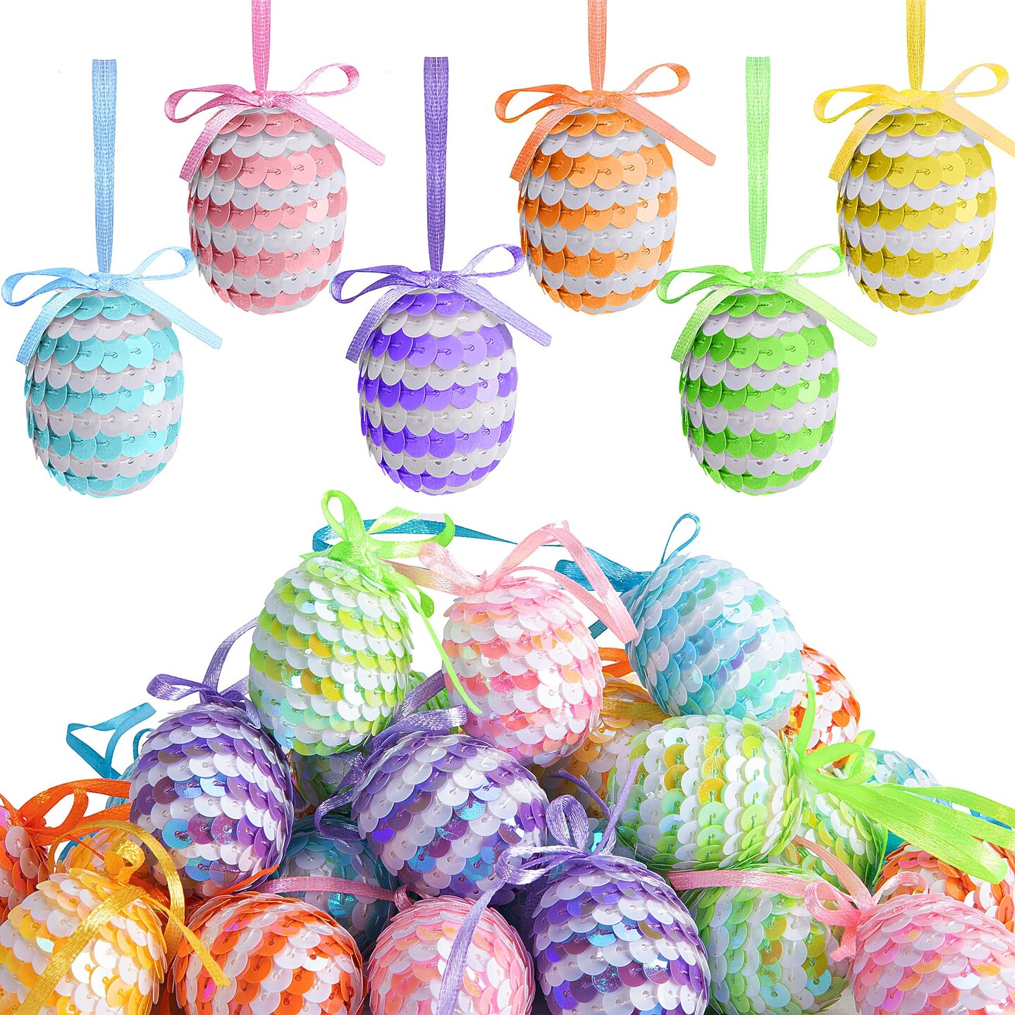 30 Pcs Easter Hanging Sequin Eggs- 1.6" Stripes Easter Eggs Ornaments with Bow- Glitter Easter Decorations Eggs Tree Ornaments for Party Birthday Home Garden Decoration