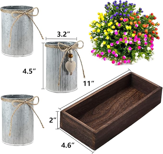 Decorative Centerpiece Wooden Tray with 3 Metal Potted Artificial Milan Flowers Rustic Country Farmhouse D&#xE9;cor for Dining Room, Living Room and Kitchen Table