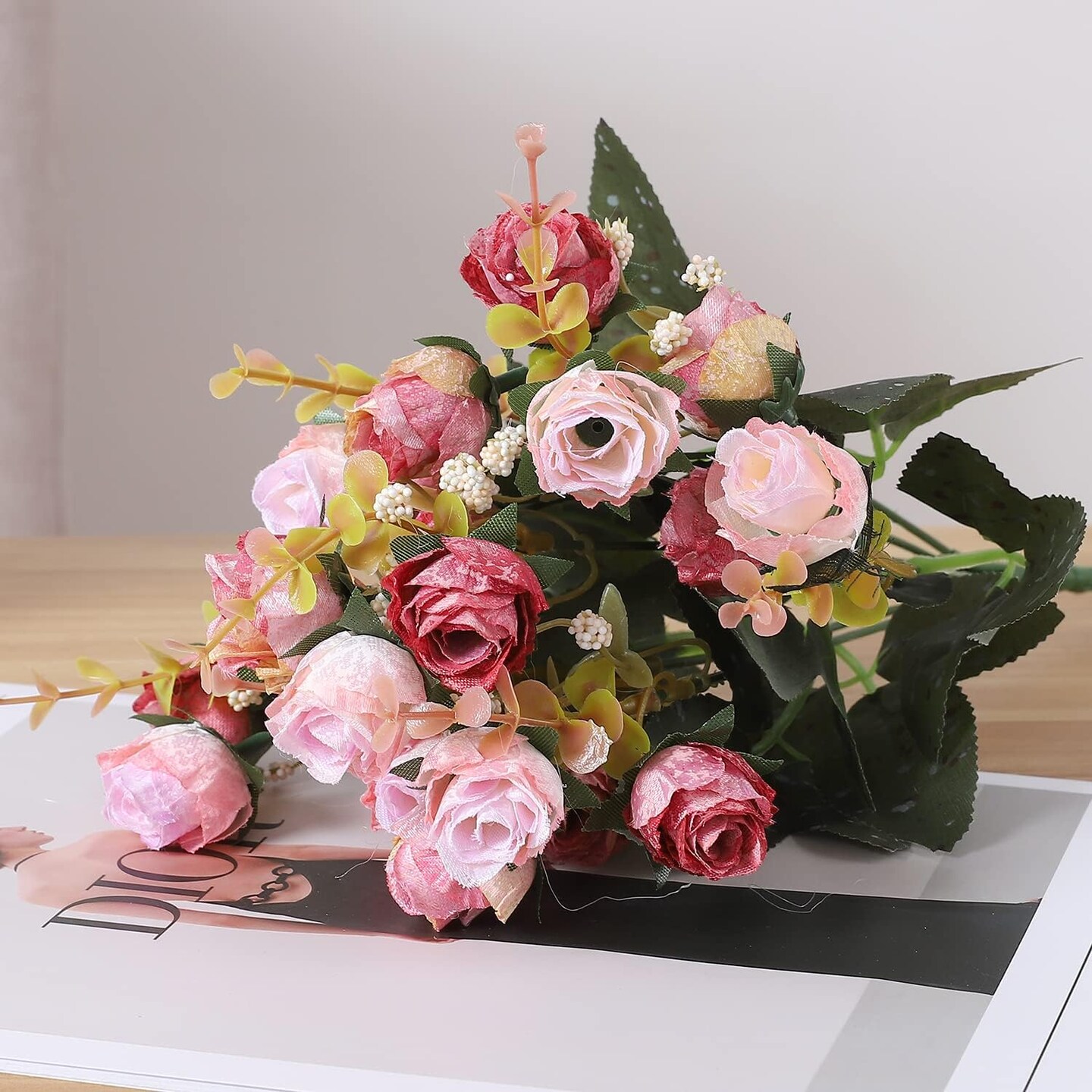 7 Branch 21 Heads Artificial Flowers Bouquet Mini Rose Wedding Home Office Decor,Pack of 2 (2 PCS Pink)