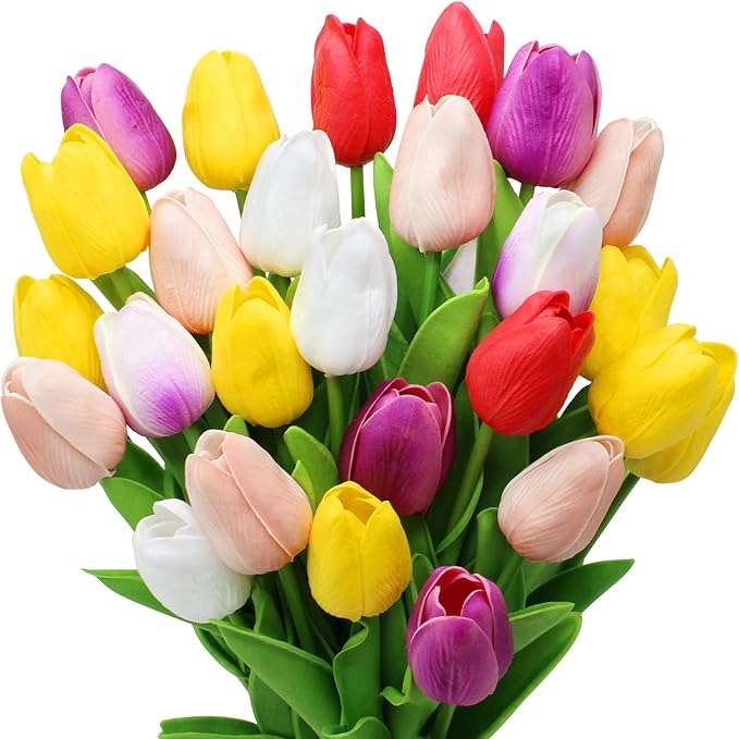 28pcs Multicolor Flowers Artificial Tulip Stems Real Feel PU Tulips for Easter Spring Wreath Wedding Bouquet Centerpiece Floral Arrangement Cemetery Table D&#xE9;cor 13&#x22; Tall