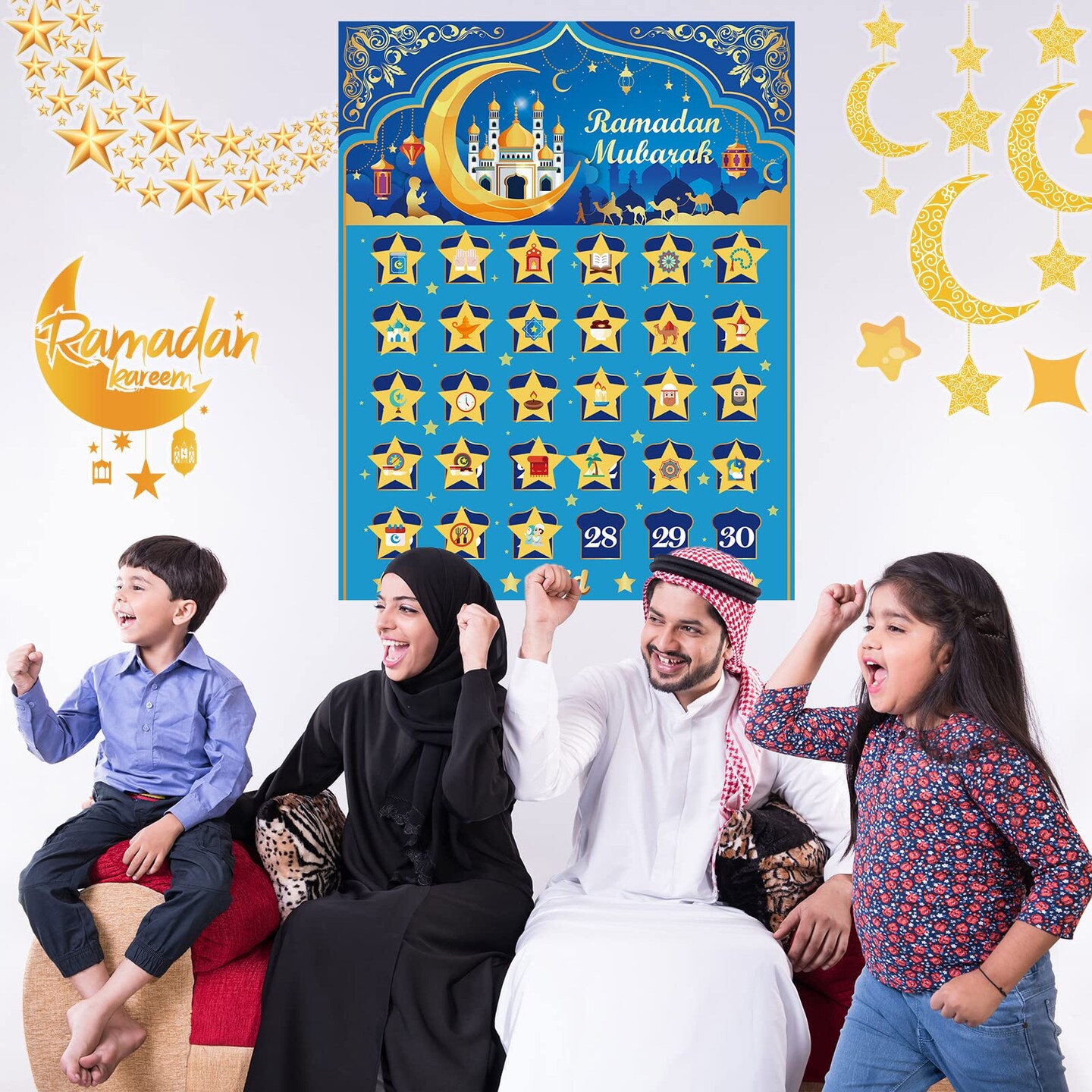 Ramadan Calendar, Eid Mubarak Calendar Countdown 2024 for Eid Party Supplies, Ramadan Advent Calendar Poster with 30 Countdown Star Stickers for Ramadan Mubarak Home Wall Decorations