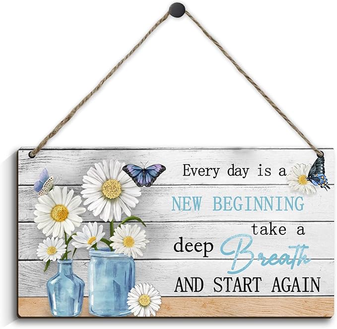 Inspirational Wood Sign(10.2" x 5.2"), Spring Decorations for Home, Hanging Decoration with Motivational Sayings, Colorful Daisy Hanging Sign for Home Decor Office Kitchen Housewarming Gift