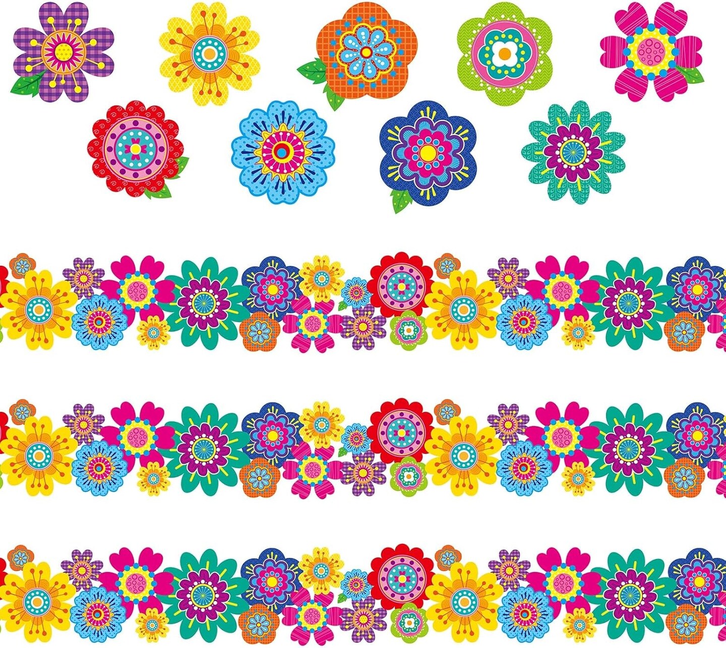 67 Pieces Spring Flower Bulletin Boards Decoration Set Included 37ft Bulletin Board Borders and 27 Pieces Flower Cutouts Offices Wall Decoration(Mixed Flowers)