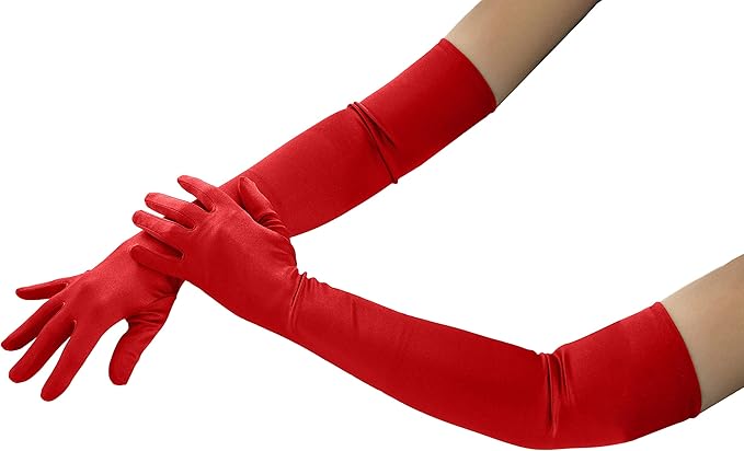 4E&#x2019;s Novelty Red Satin Gloves - 21&#x22; Elbow Length Red Gloves Ideal for 1920s Flapper Costume, Opera Gloves, Long Gloves Women Formal Evening Wear
