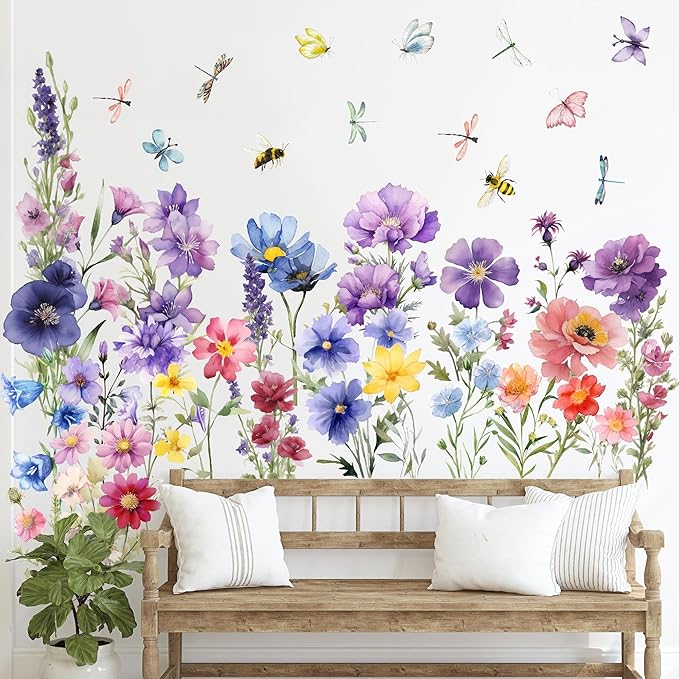 9 Pieces Flowers Wall Decals Flower Decals for Walls Vinyl Flowers Wall Stickers Peel and Stick Removable Butterfly Spring Floral Wall Decals Wall Art Decals Decor for Girls Bedroom Living Room