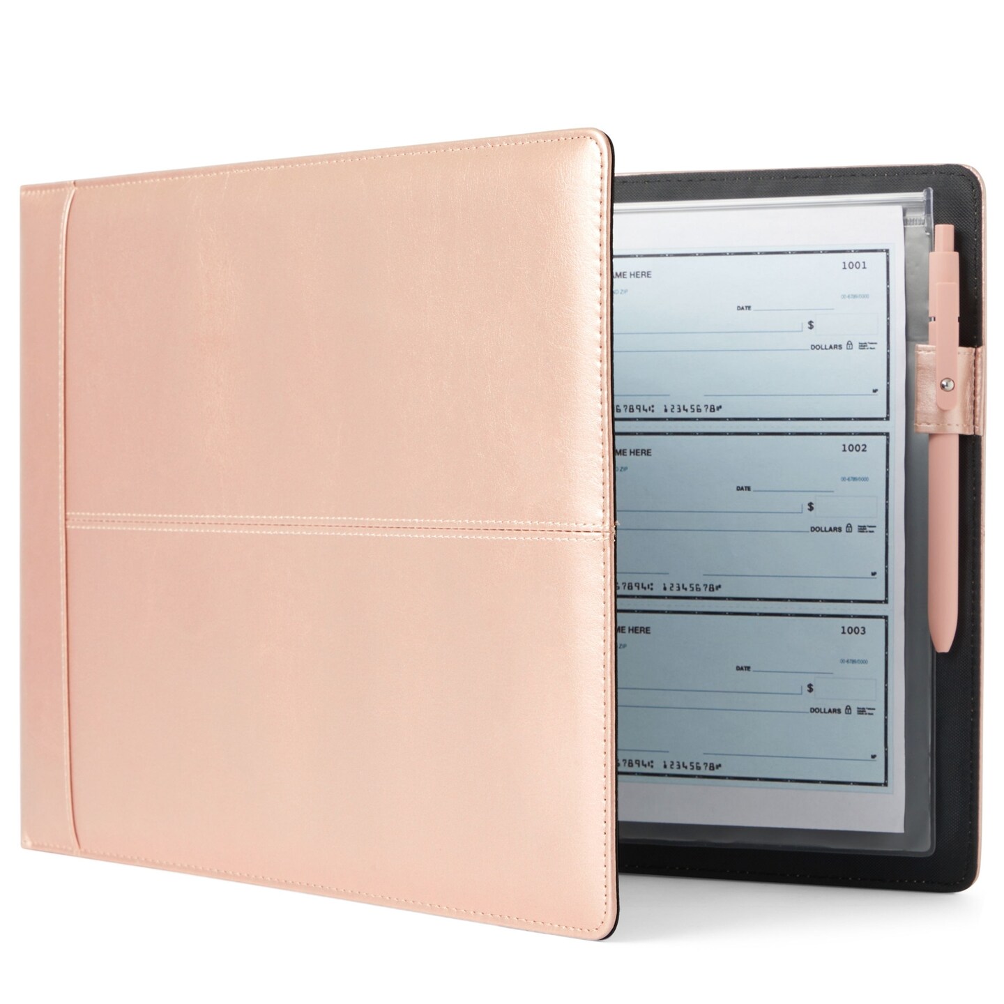 7 Ring Business Check Binder for Checkbooks Organization, Financial Records, Personal and Corporate Use, Rose Gold Faux Leather Folder for 600 Checks (14 x 10 Inches)