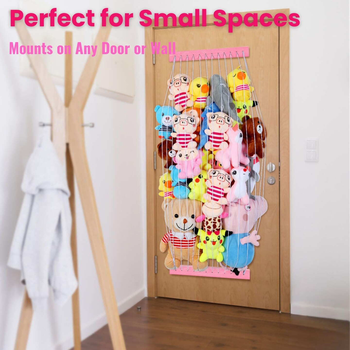 Stuffed Animal Storage Wooden Soft Toy Storage for Kids Room&#xFF0C;Wall Mount Door Hanging Stuffed Animal Toy Organizer Shelf for Nursery Play Room Pink -Patent
