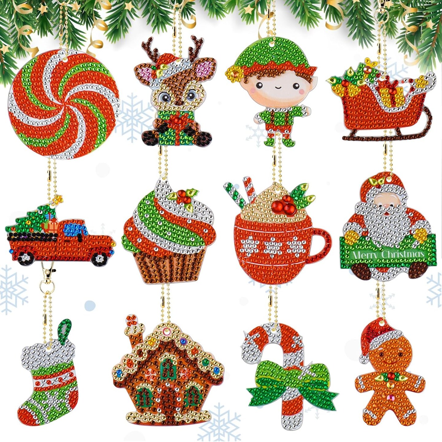Christmas Diamond Painting12 Pcs Christmas Diamond Art 5D DIY Christmas Ornaments Christmas Crafts for Adults Diamond Art Keychains Hanging Diamond Painting Kits