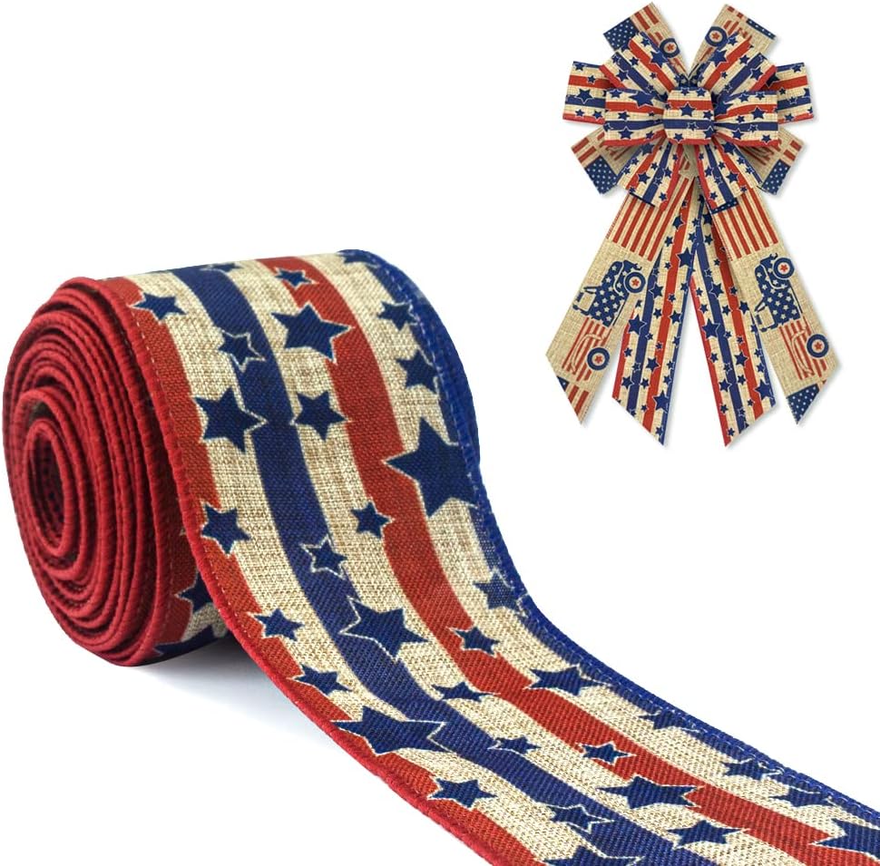 Patriotic Memorial Day Ribbons for Wreath Bow Wrapping Gift, Burlap Red Blue Stripe Patriotic Ribbon for 4th of July Decor