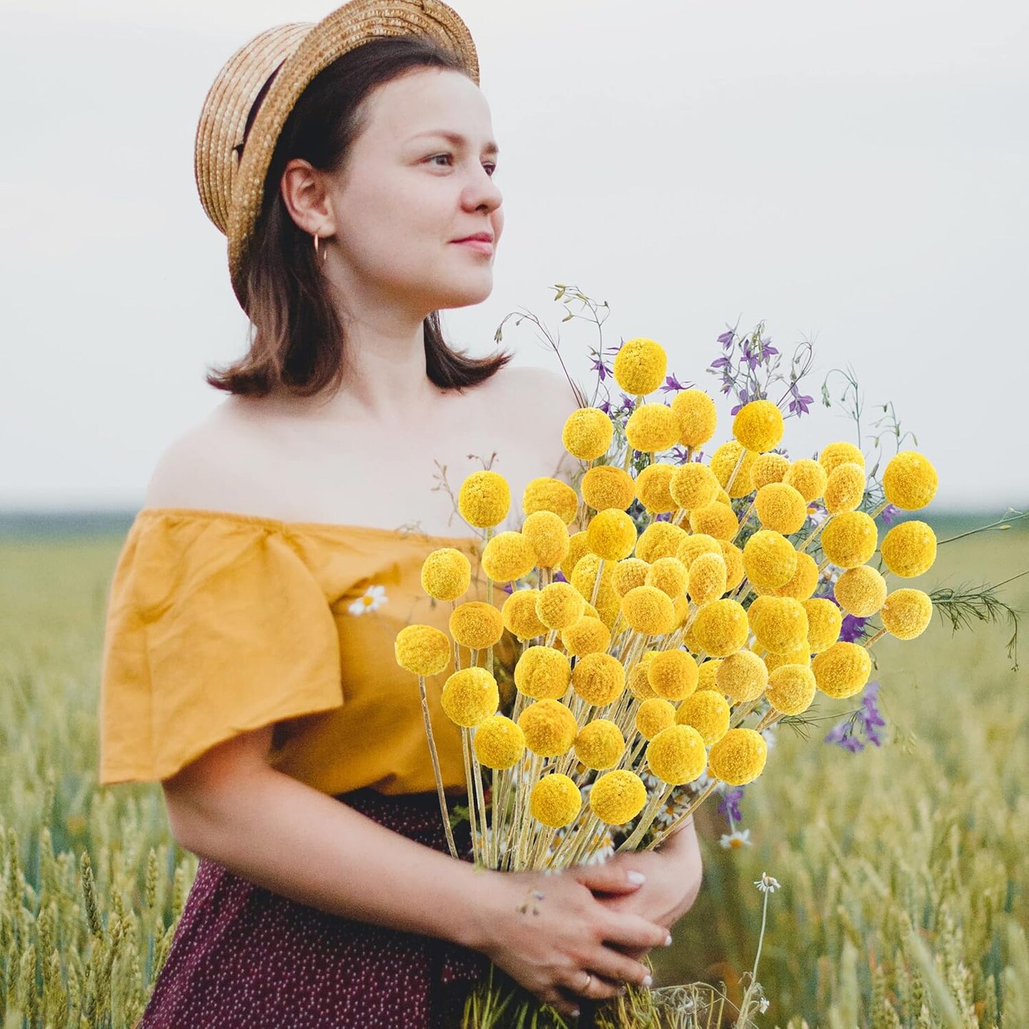 120pcs Dried Yellow Summer Billy Balls Flowers for Floral Arrangements, Wedding Decor, Tall Vase Filler, Indoor Use